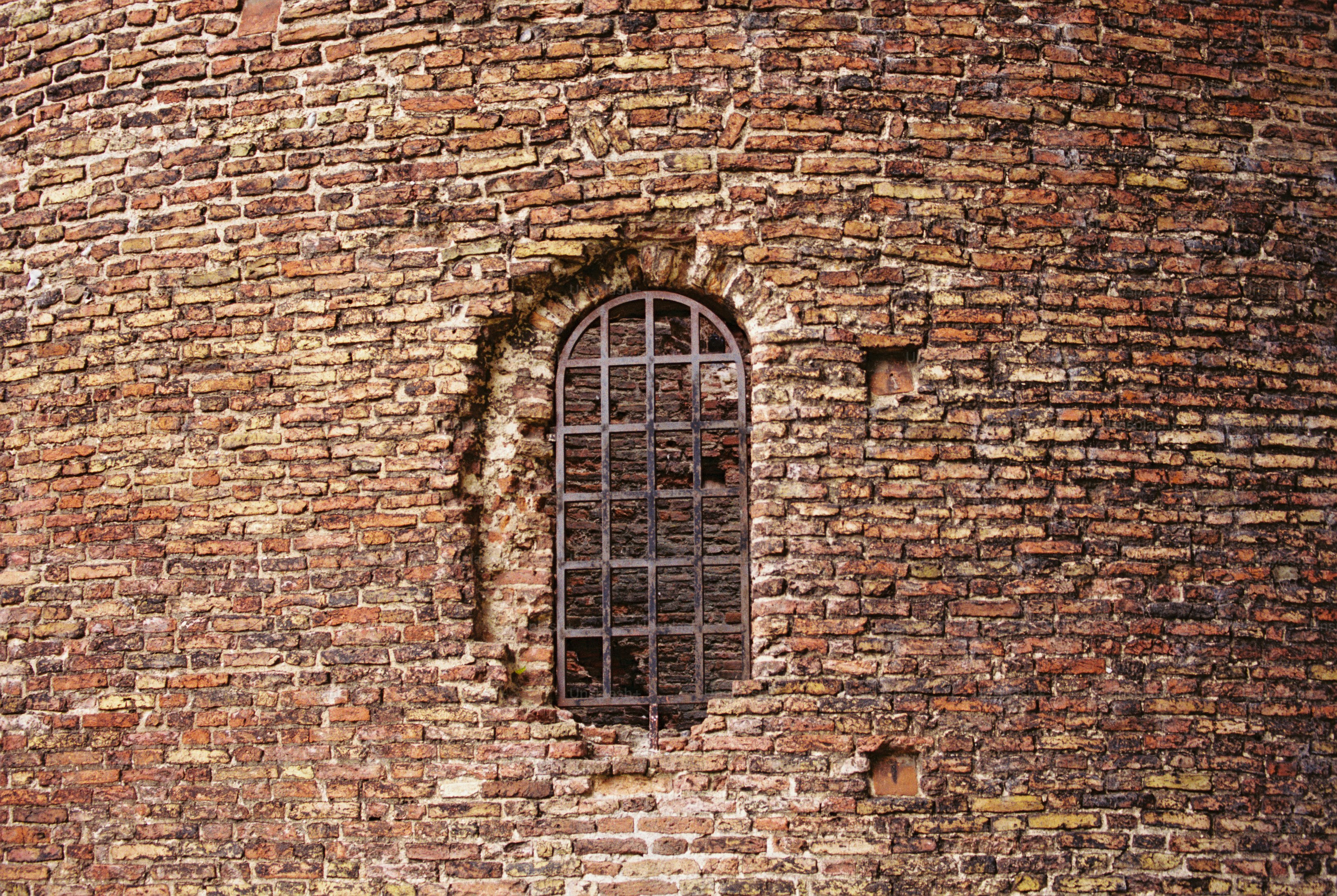 A tall arched window with a rusting iron grille in an old brick wall