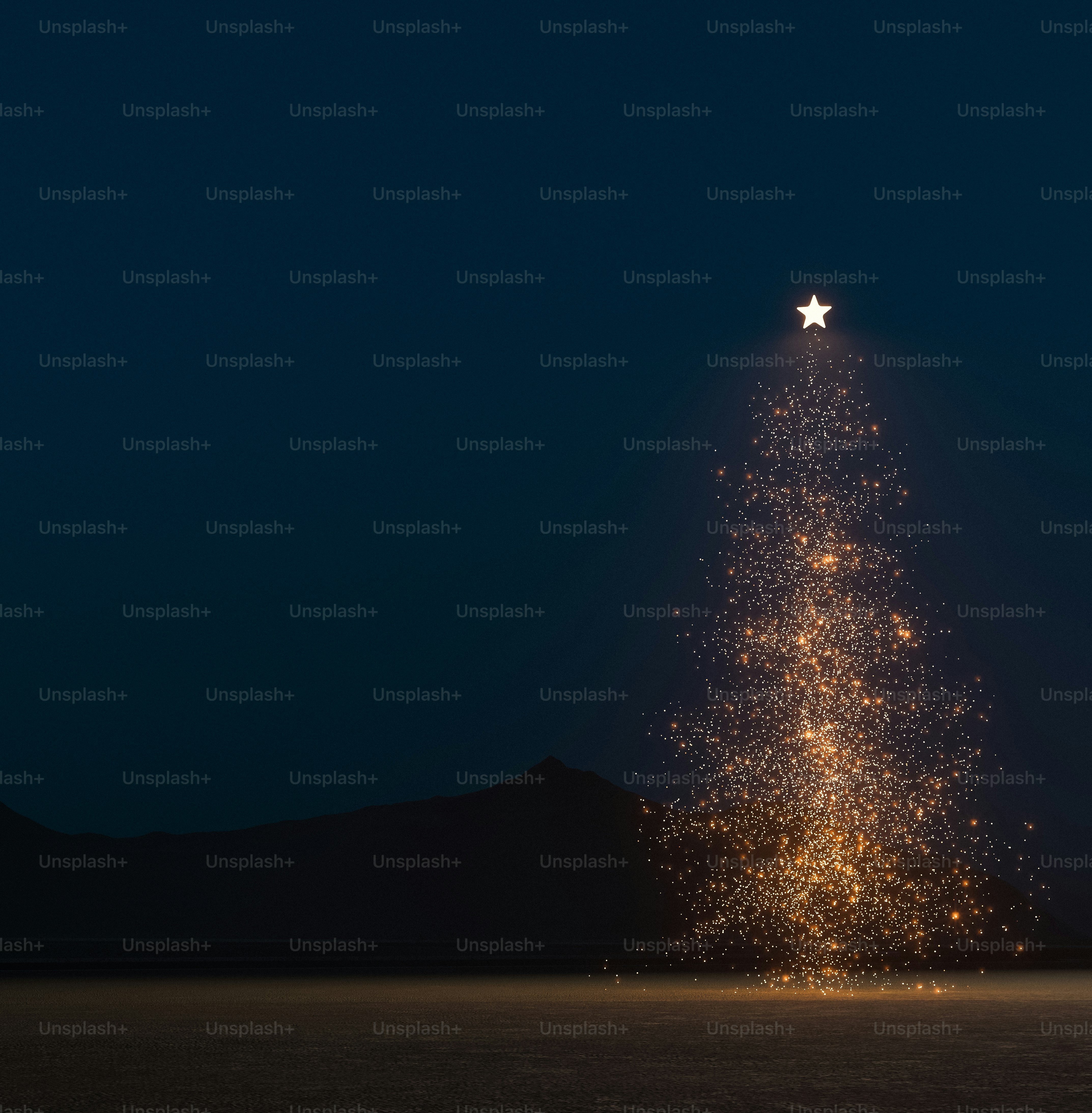 A glowing star atop a conical arrangement of golden lights against a dark landscape