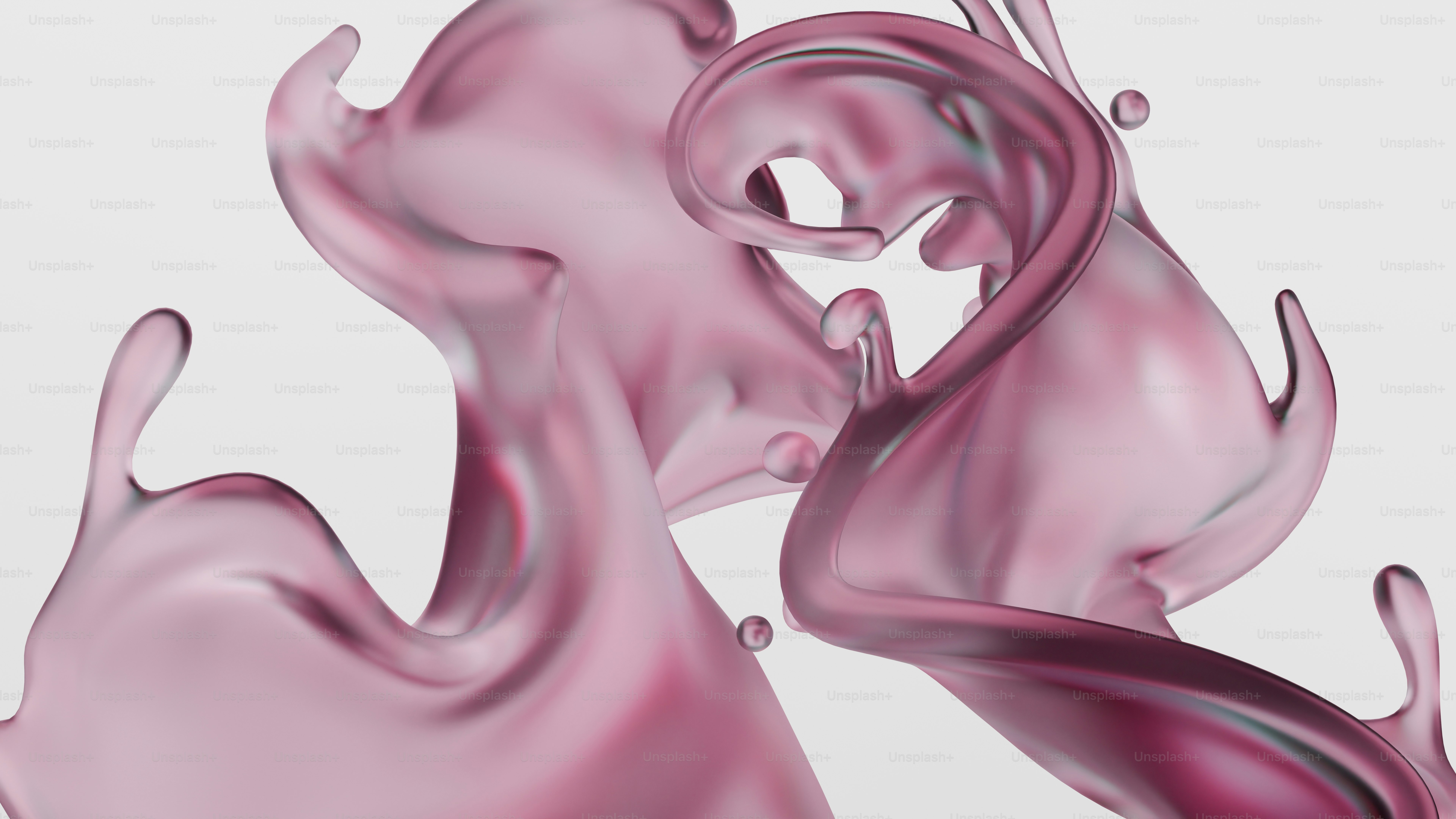 A 3D render of swirling pink liquid splashes against a plain light grey background