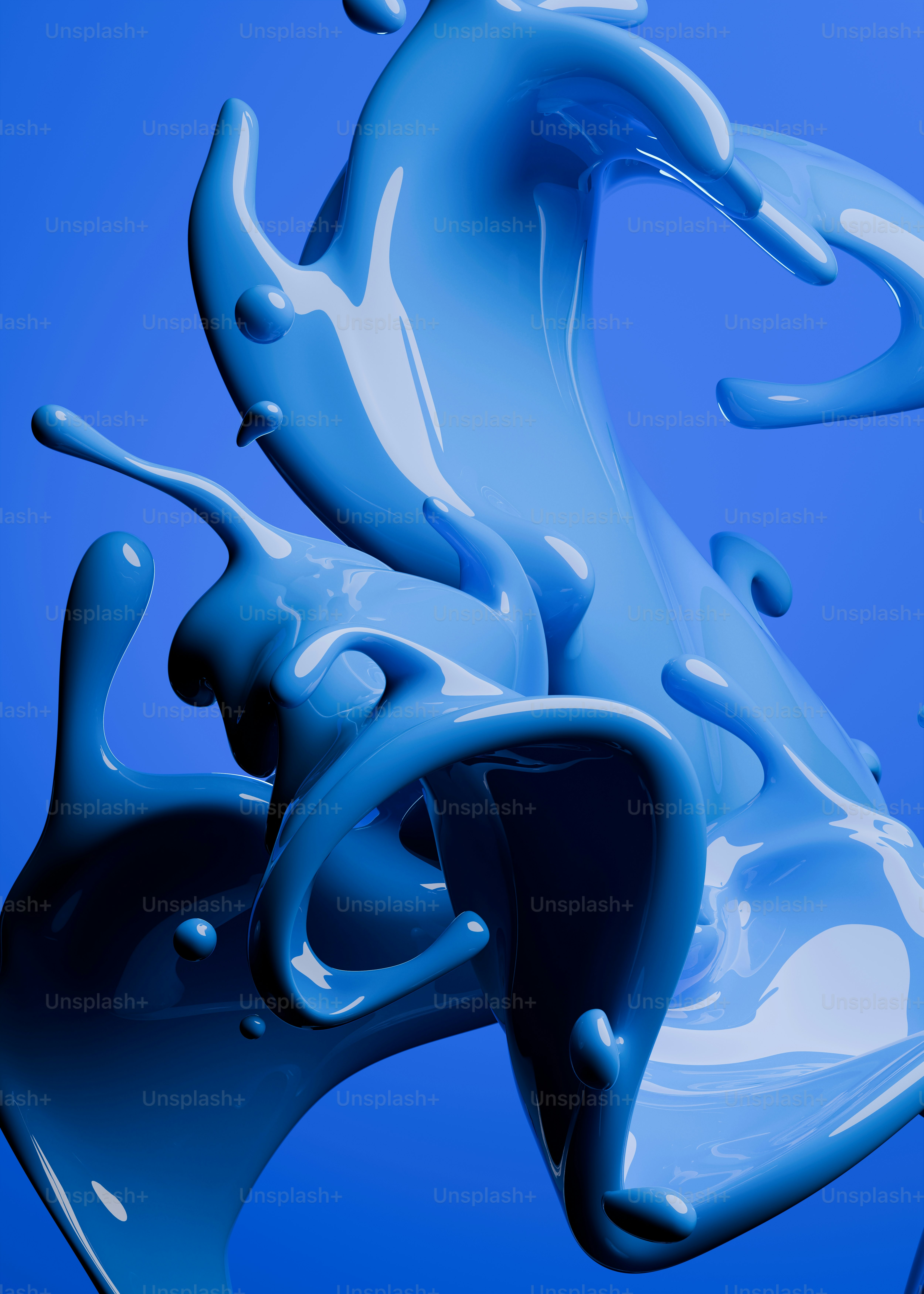 A 3D render of glossy blue liquid splashing against a matching blue background
