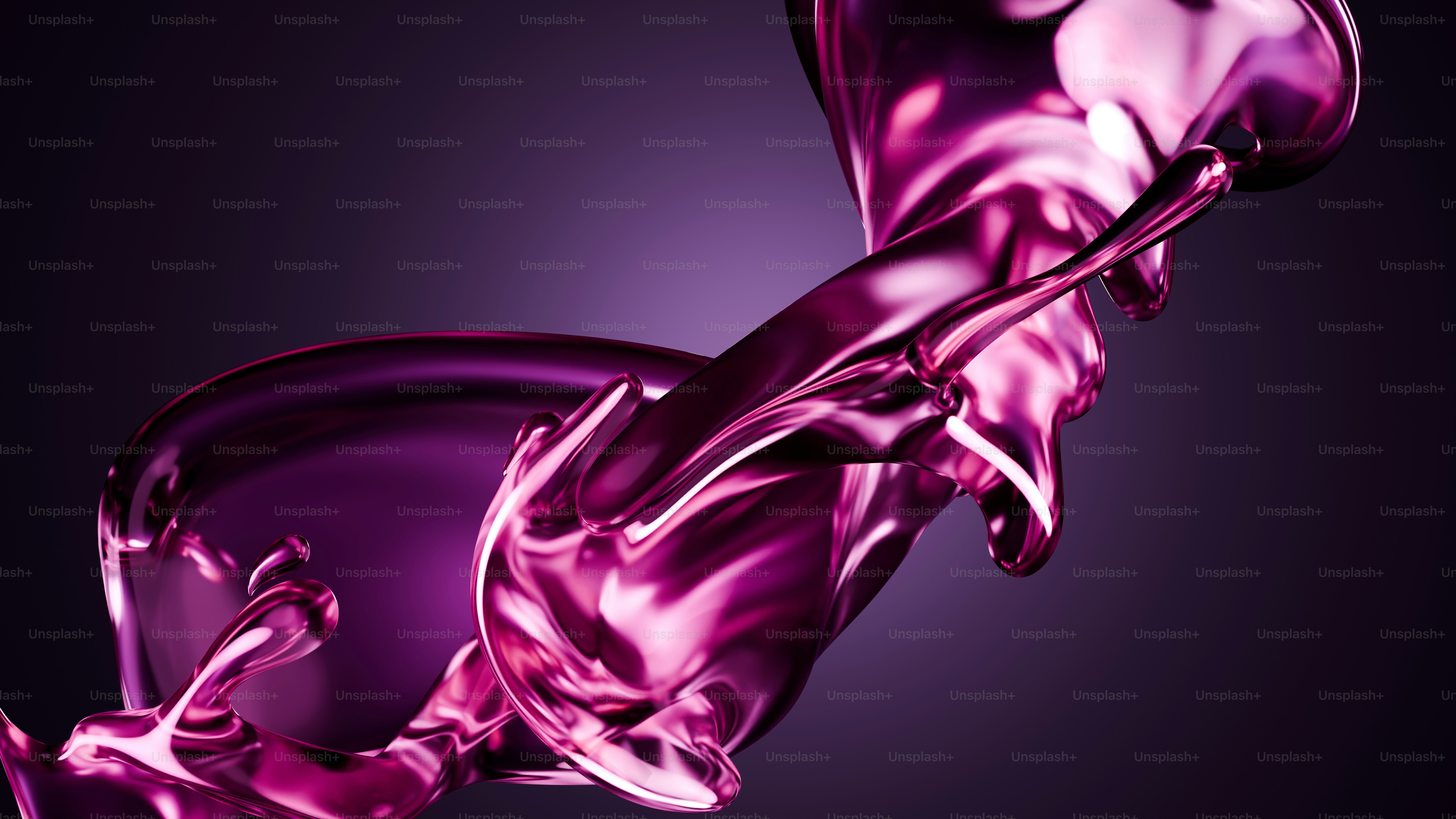 A 3D render of a glossy purple liquid splashing against a dark purple background