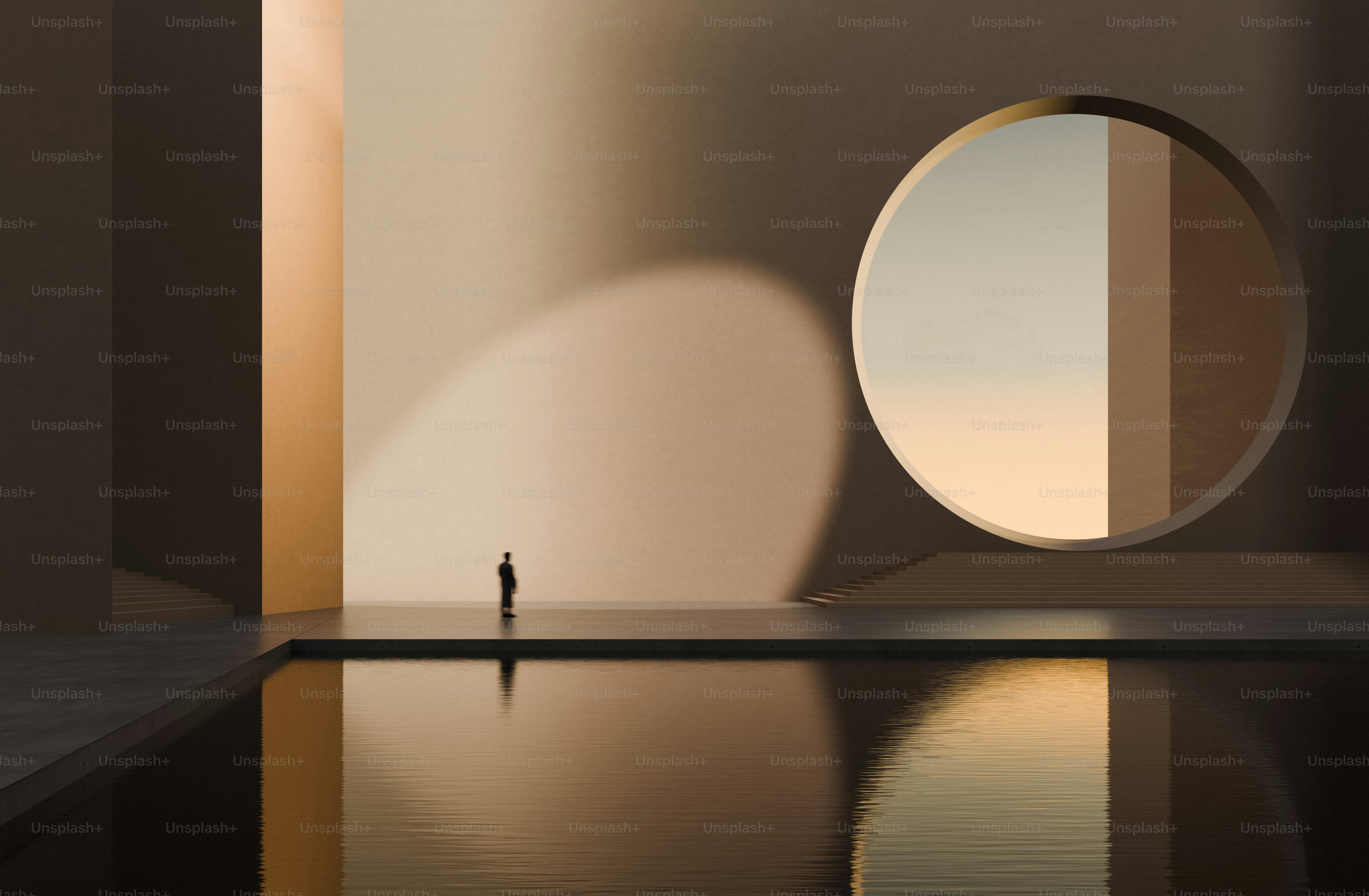 A person in silhouette beside a dark pool in a minimalist architectural space