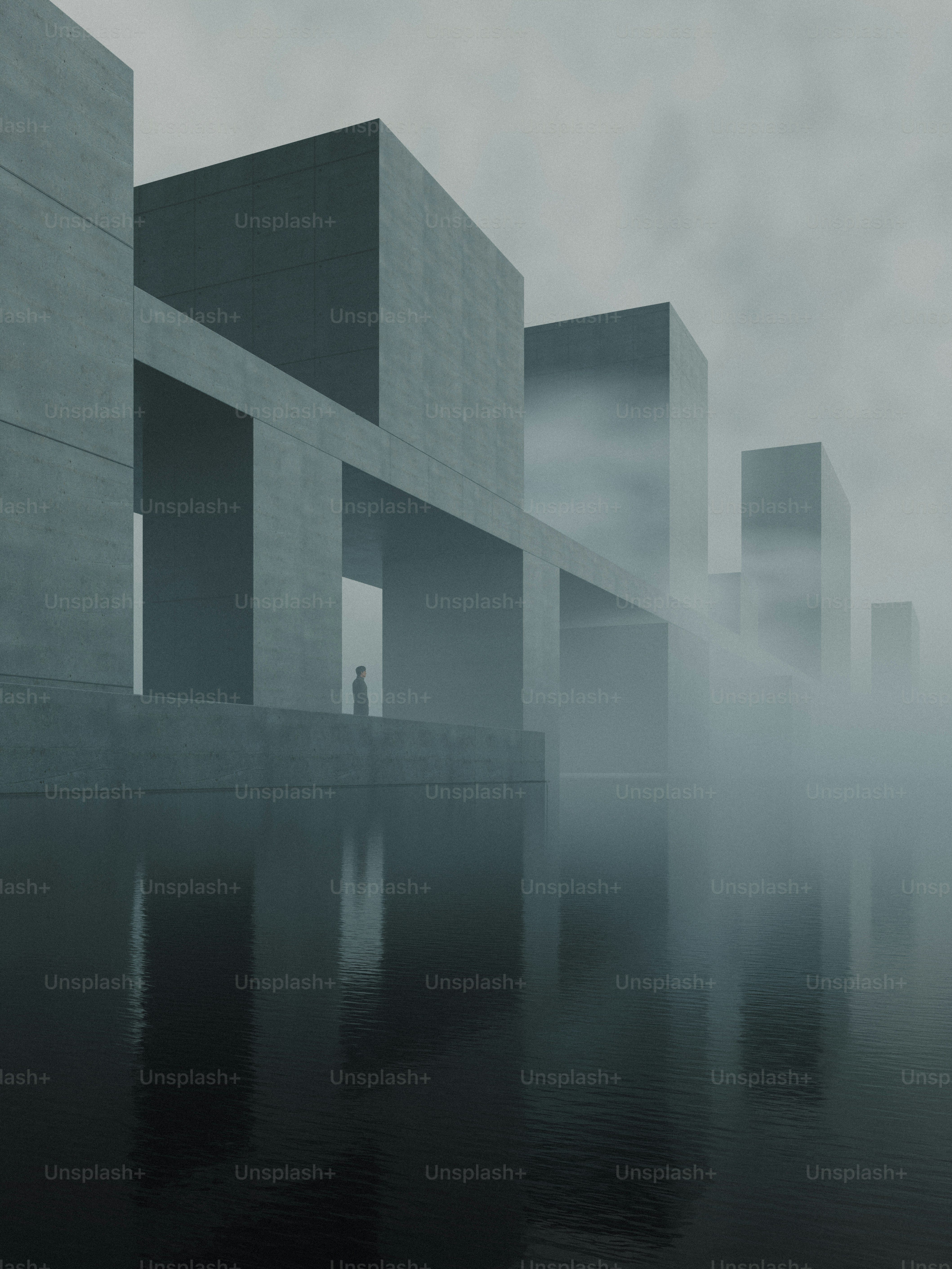 A person on a concrete platform beside tall geometric structures in thick grey fog