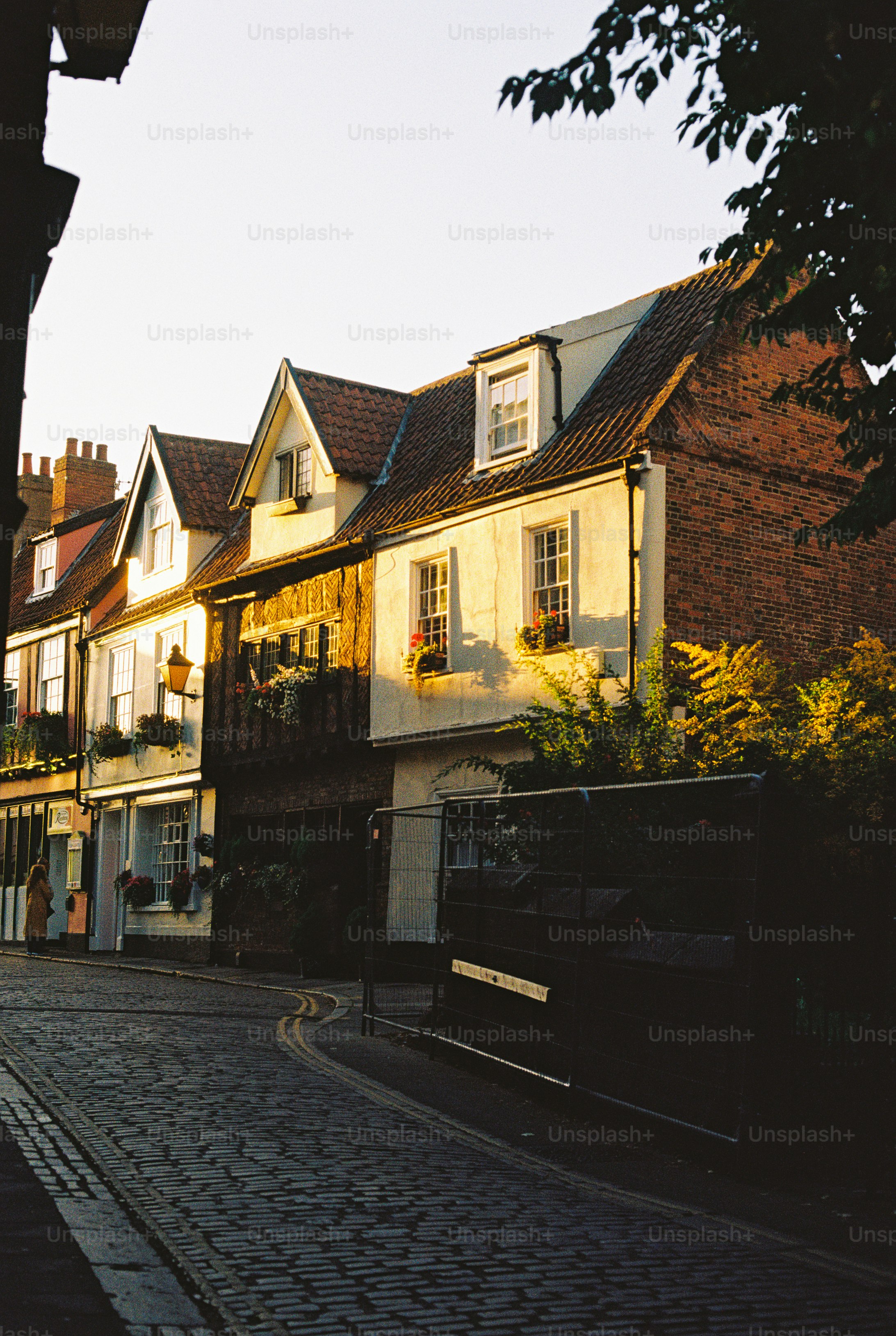 Historic timber-framed houses along a cobblestone street in warm golden hour light