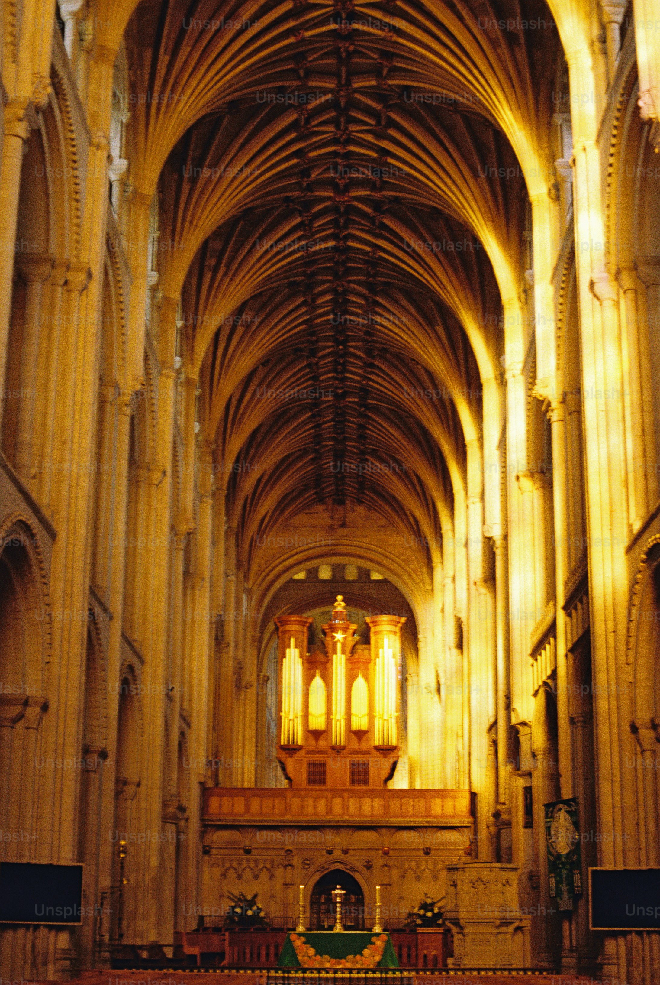 A pipe organ in a cathedral with vaulted ceilings and warm golden light