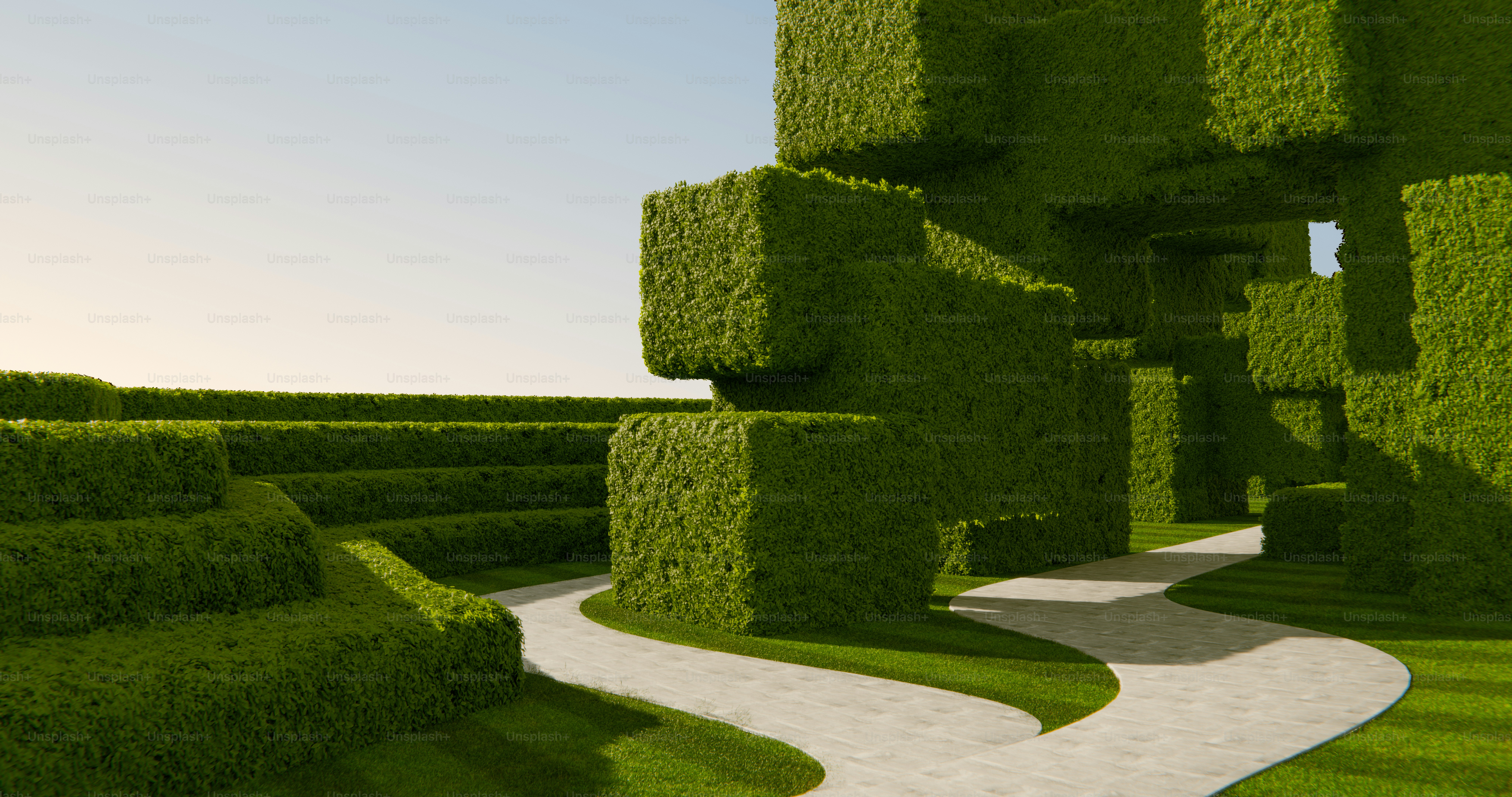 A winding stone path through a garden with sculpted green hedge blocks