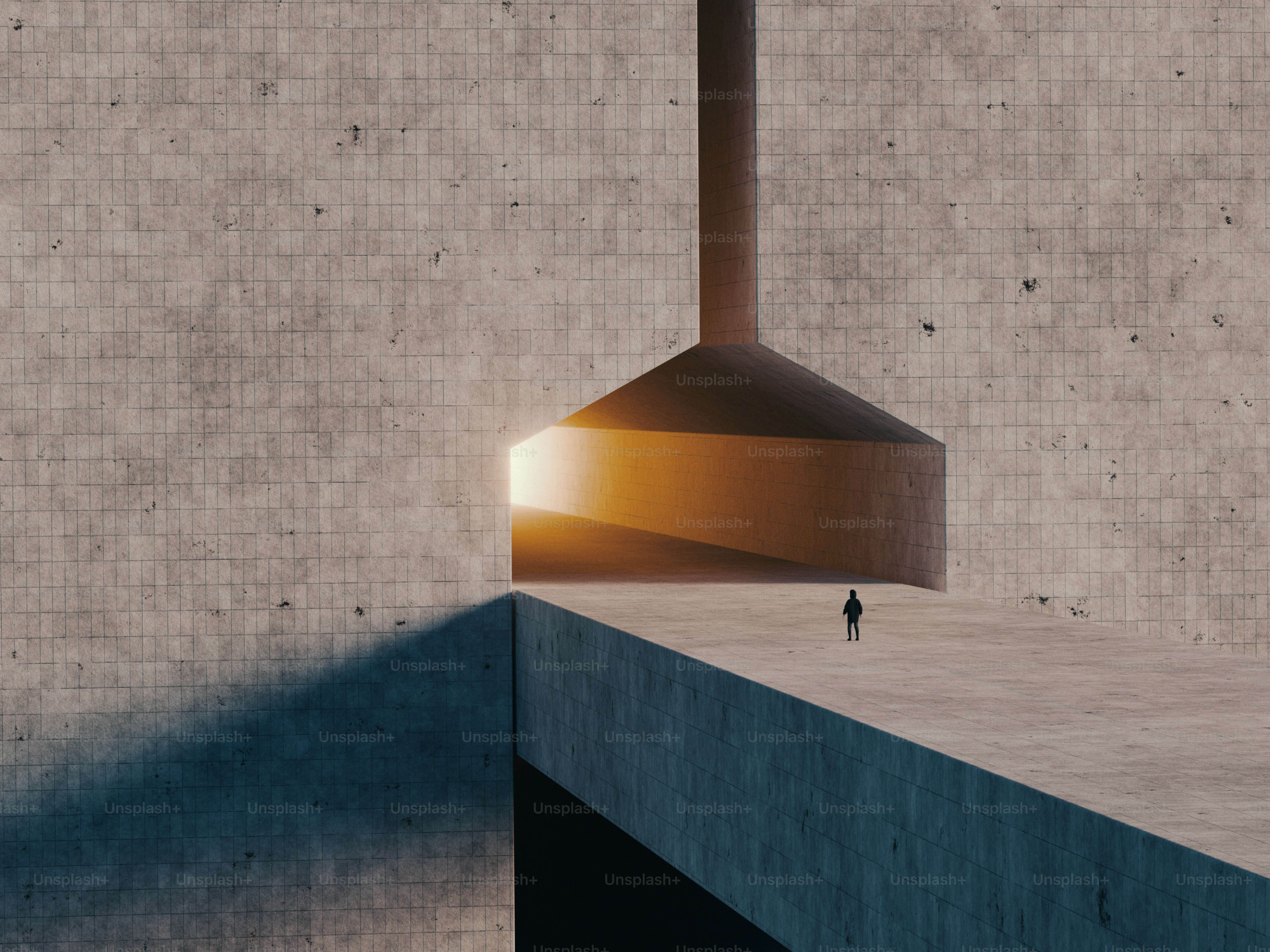 A small person walking on a concrete bridge toward a bright glowing doorway