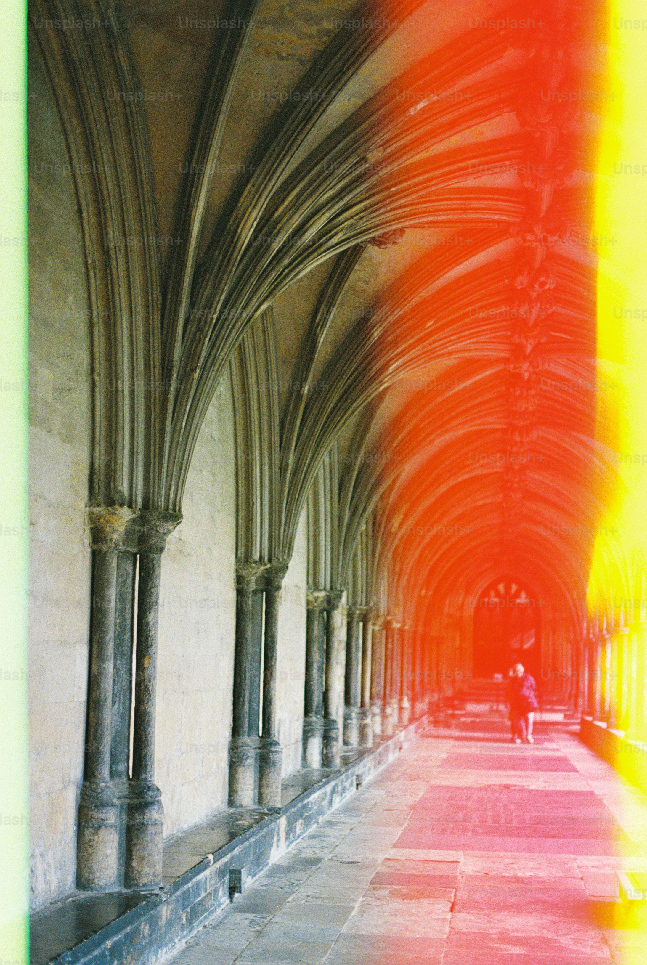 A person walking through a stone cloister with vaulted ceilings and light leaks