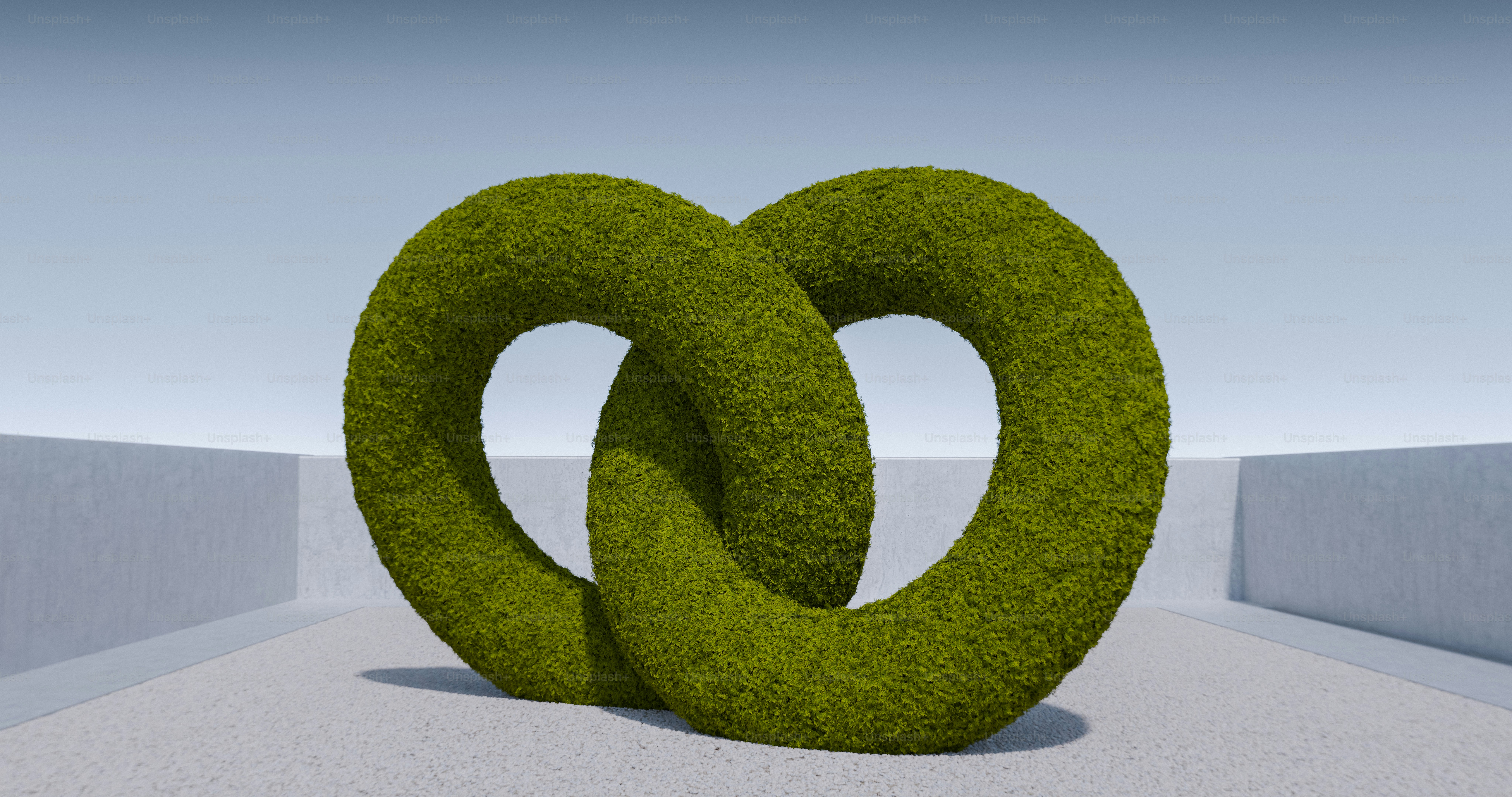 Two interlocking mossy green rings on a light grey gravel surface