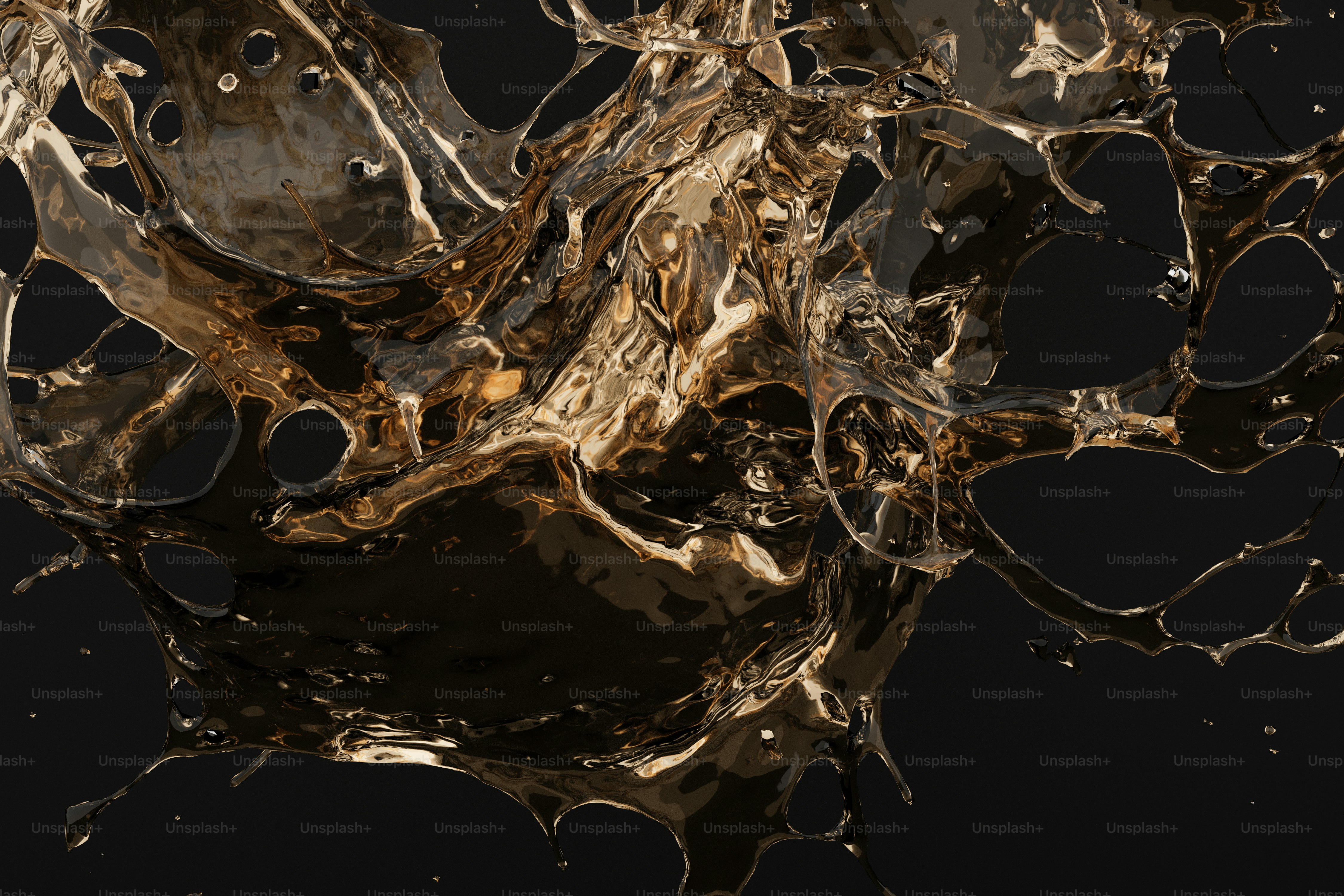Une éclaboussure dynamique de liquide doré sur un fond noir solide