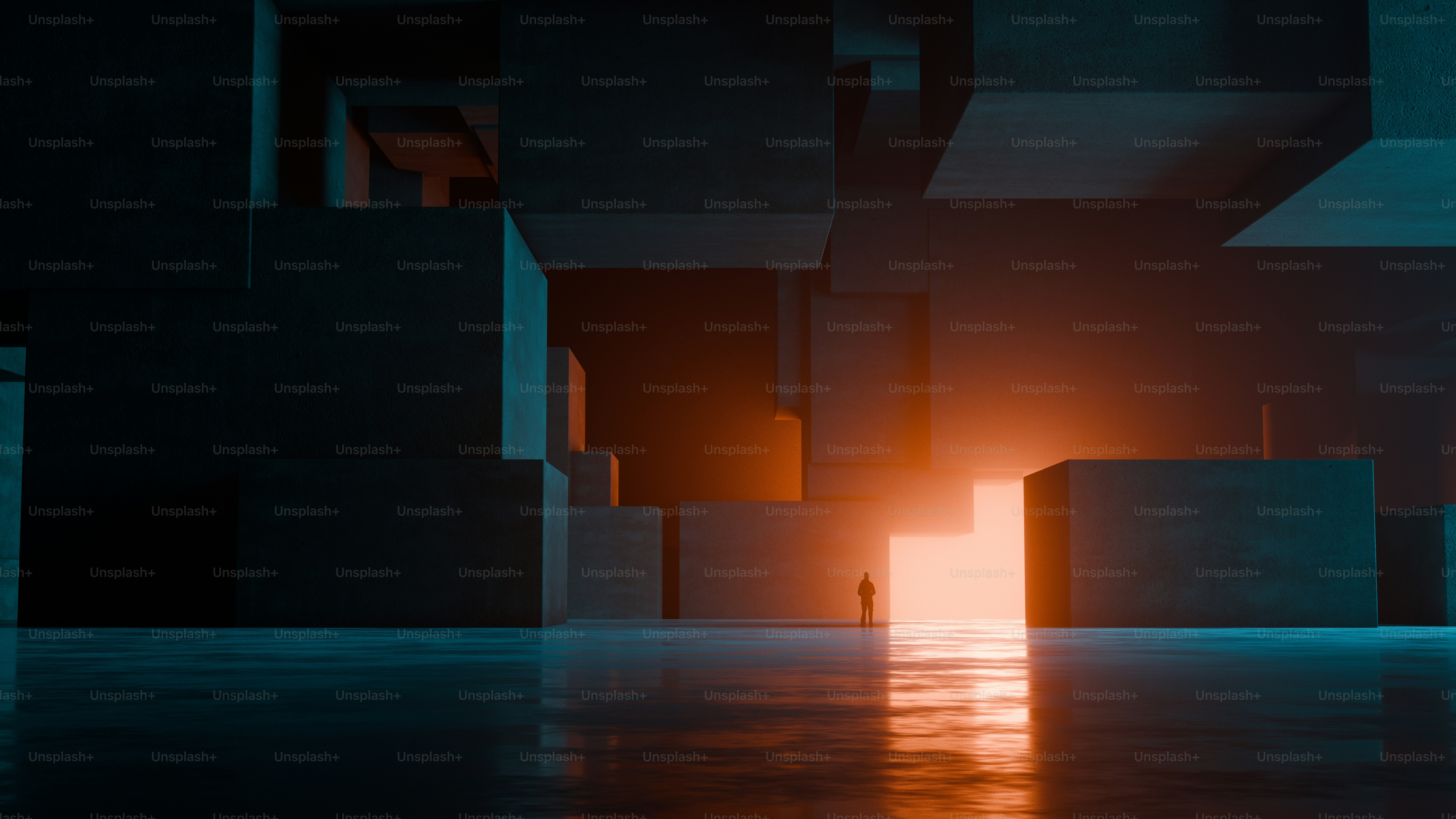 A person in silhouette against a glowing orange light between large dark concrete blocks