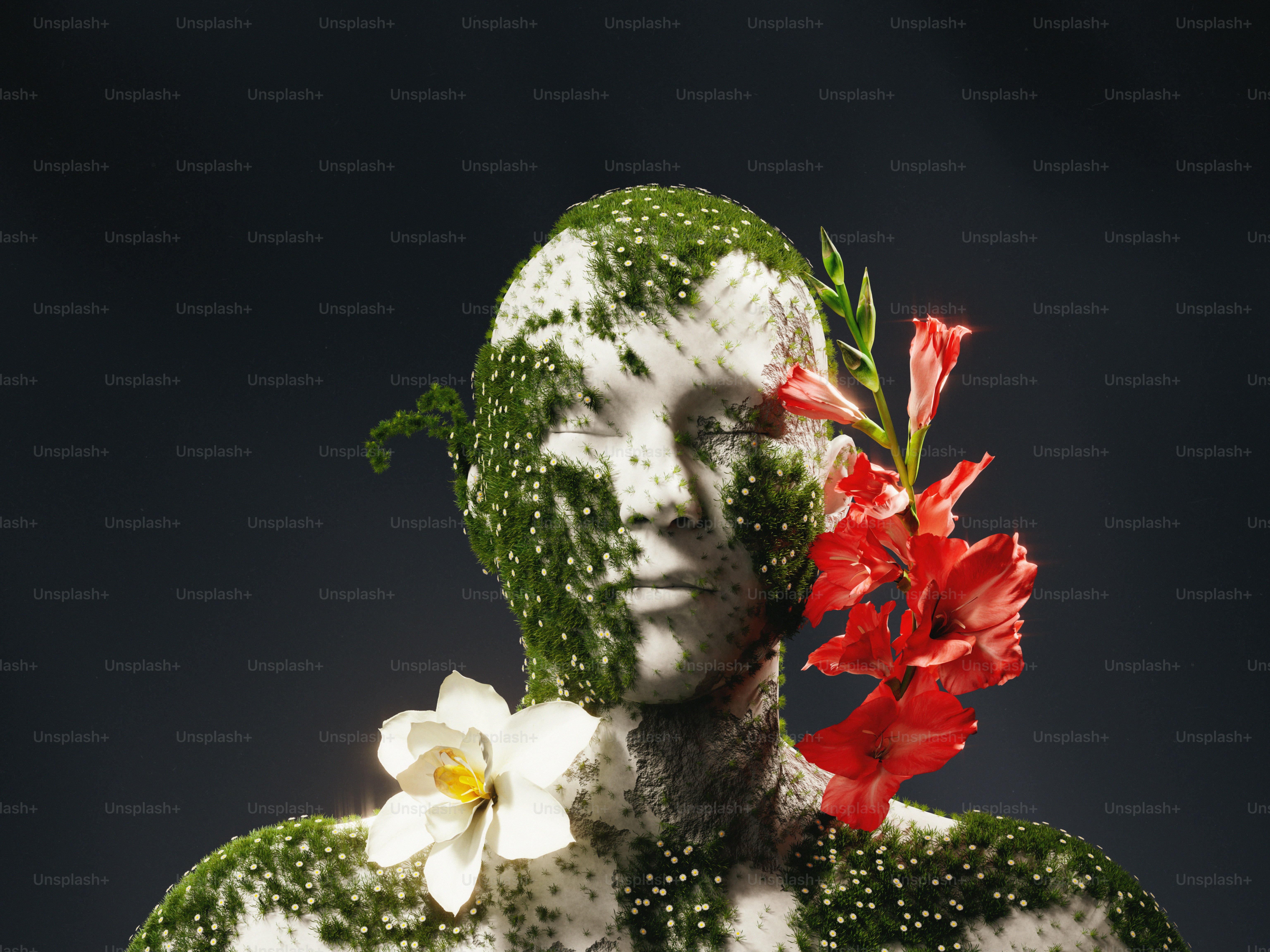 Un busto humano cubierto de musgo verde con gladiolo rojo y flores blancas