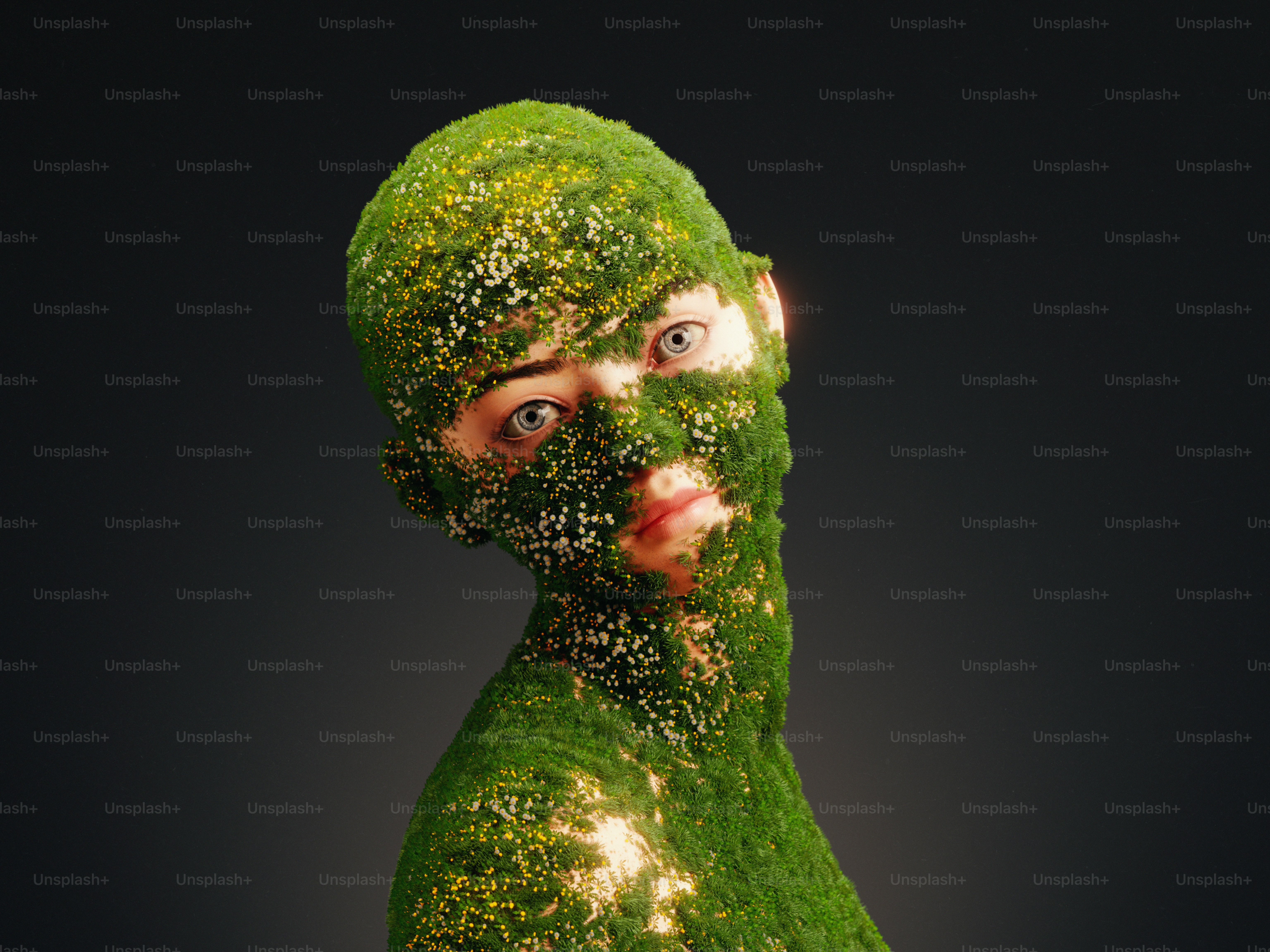Una persona con la piel cubierta de musgo verde y pequeñas flores amarillas