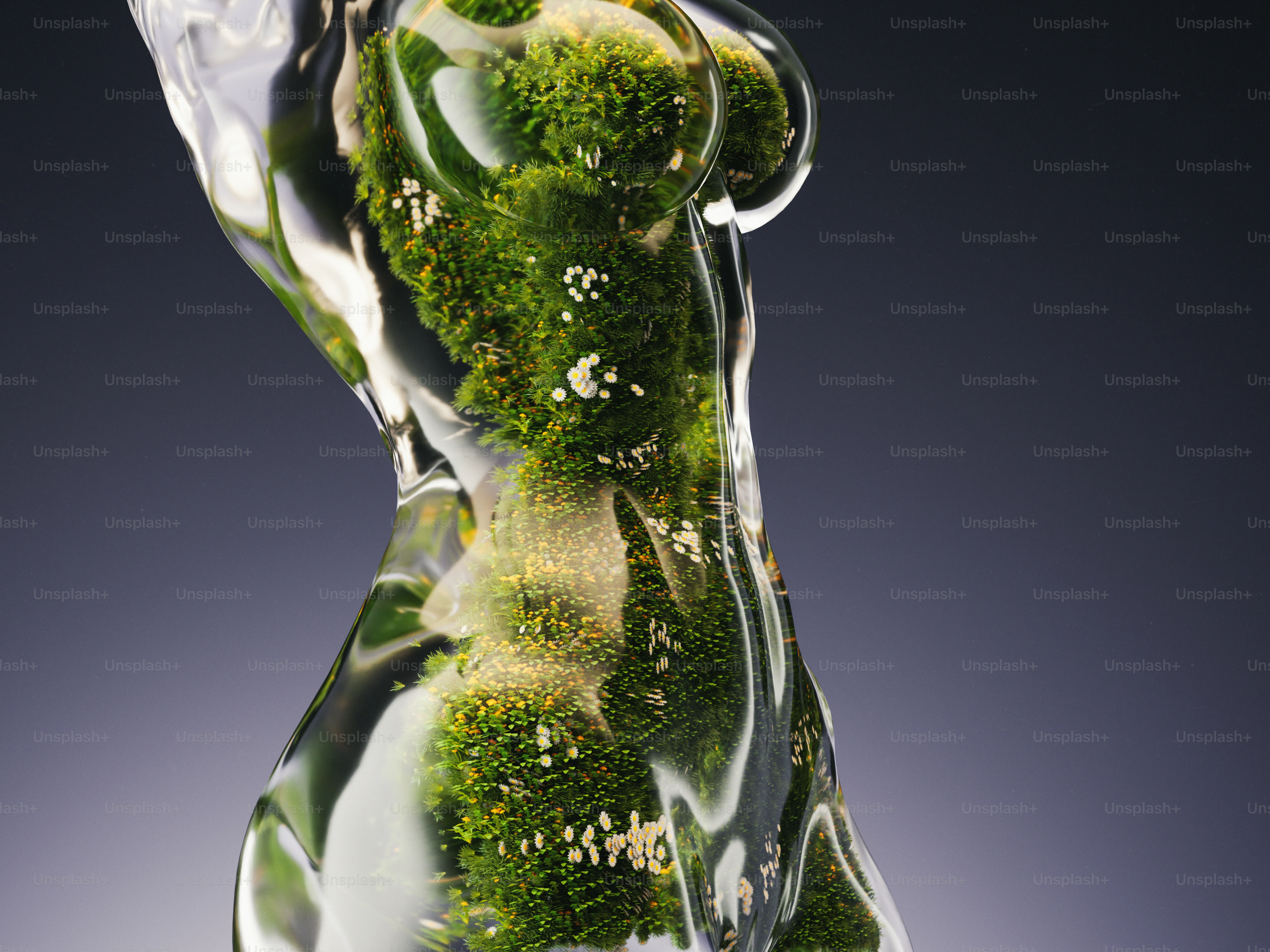 Una escultura de torso de cristal llena de musgo verde y pequeñas flores blancas
