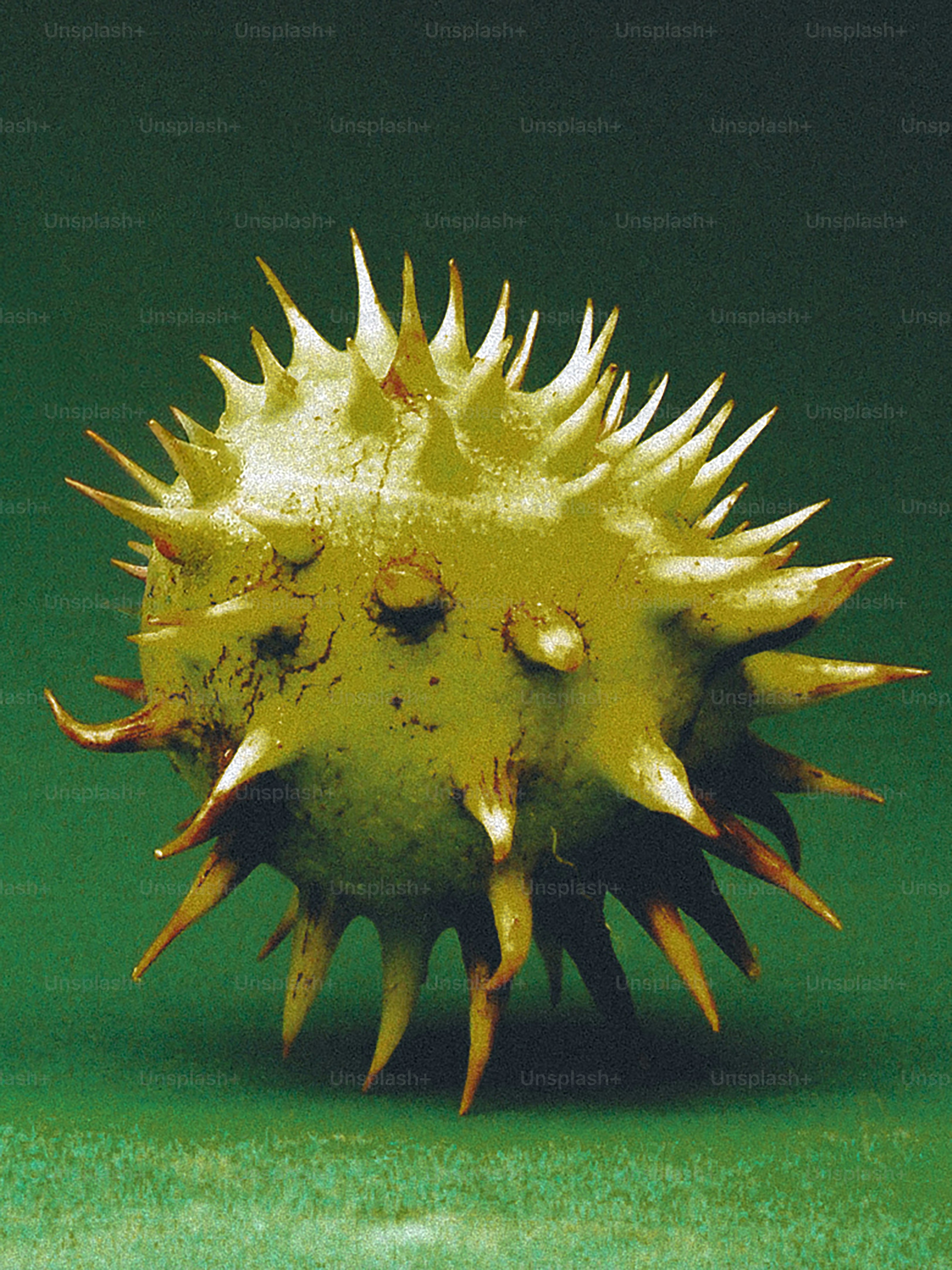 A spherical yellow pollen grain with sharp spikes on a green background