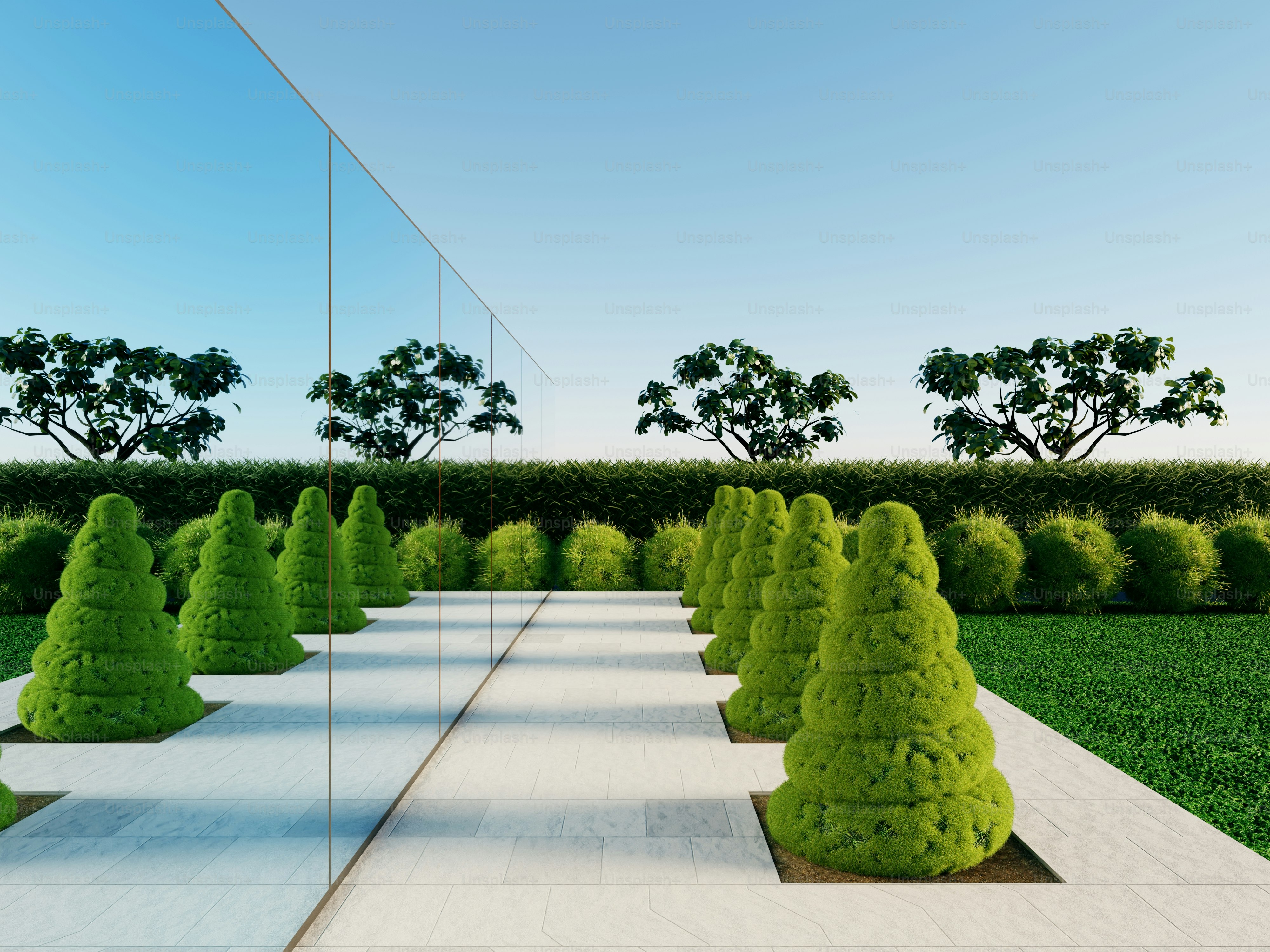 Spiral shaped topiary bushes on a stone patio beside a large glass wall