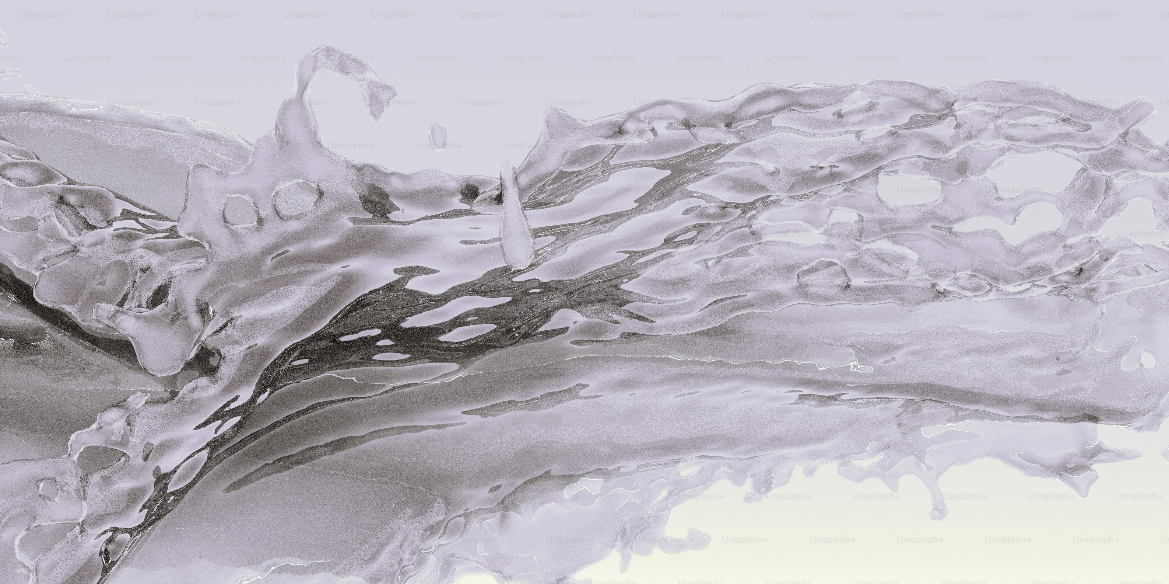 Una rappresentazione 3D di uno splash liquido con onde grigie lisce su uno sfondo chiaro