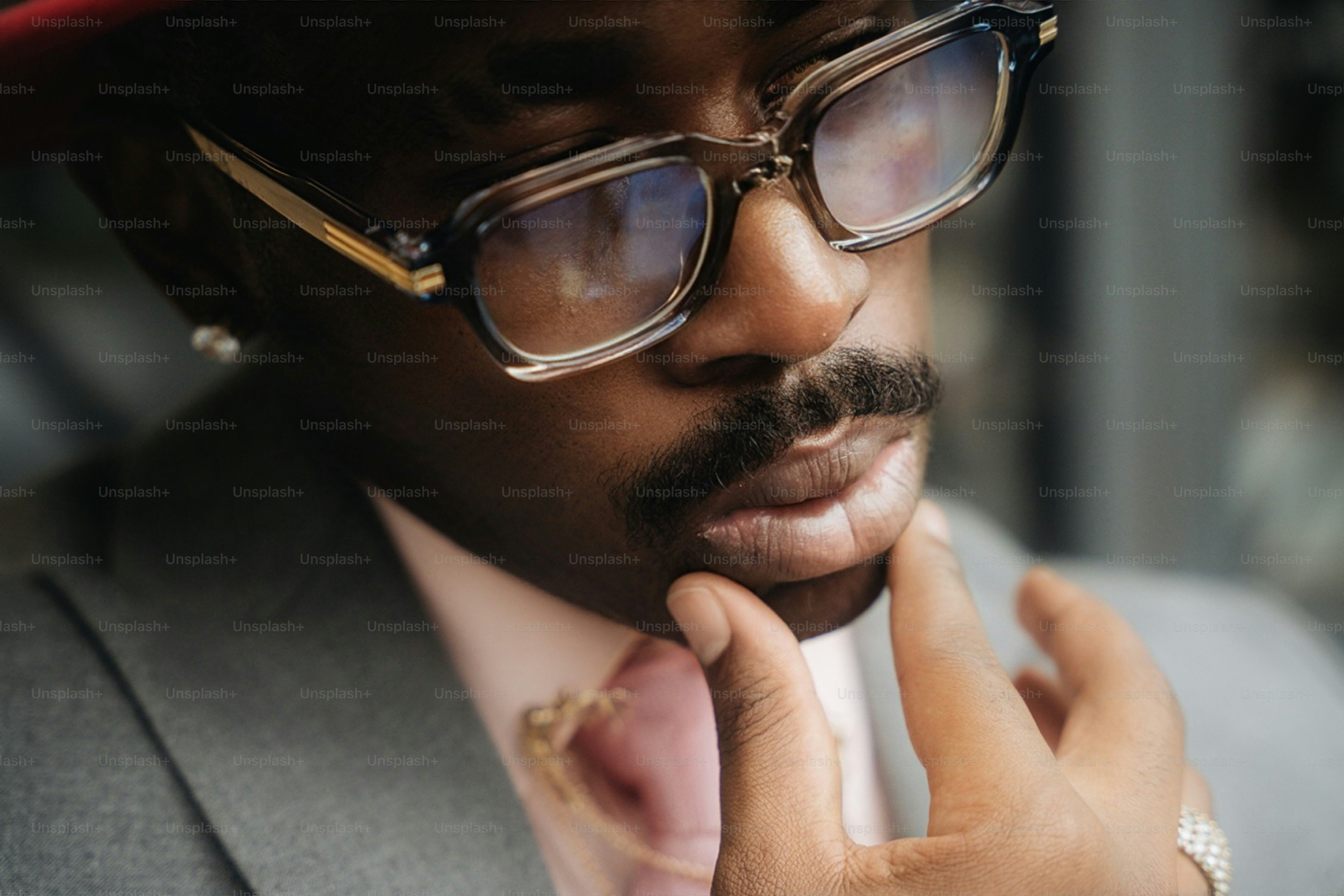 A man with a mustache wearing glasses and a suit with a pink tie