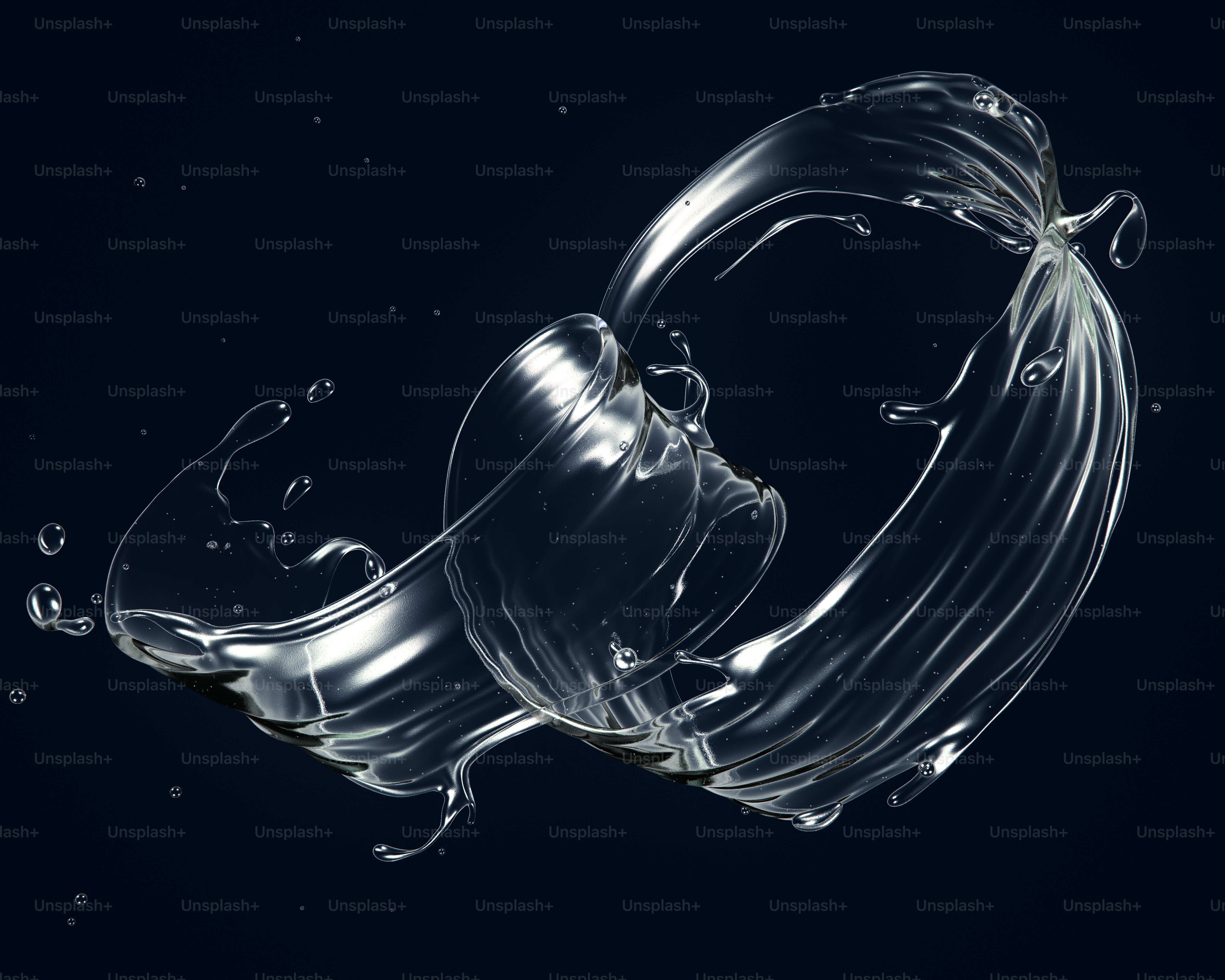 A swirling splash of clear liquid against a dark blue background