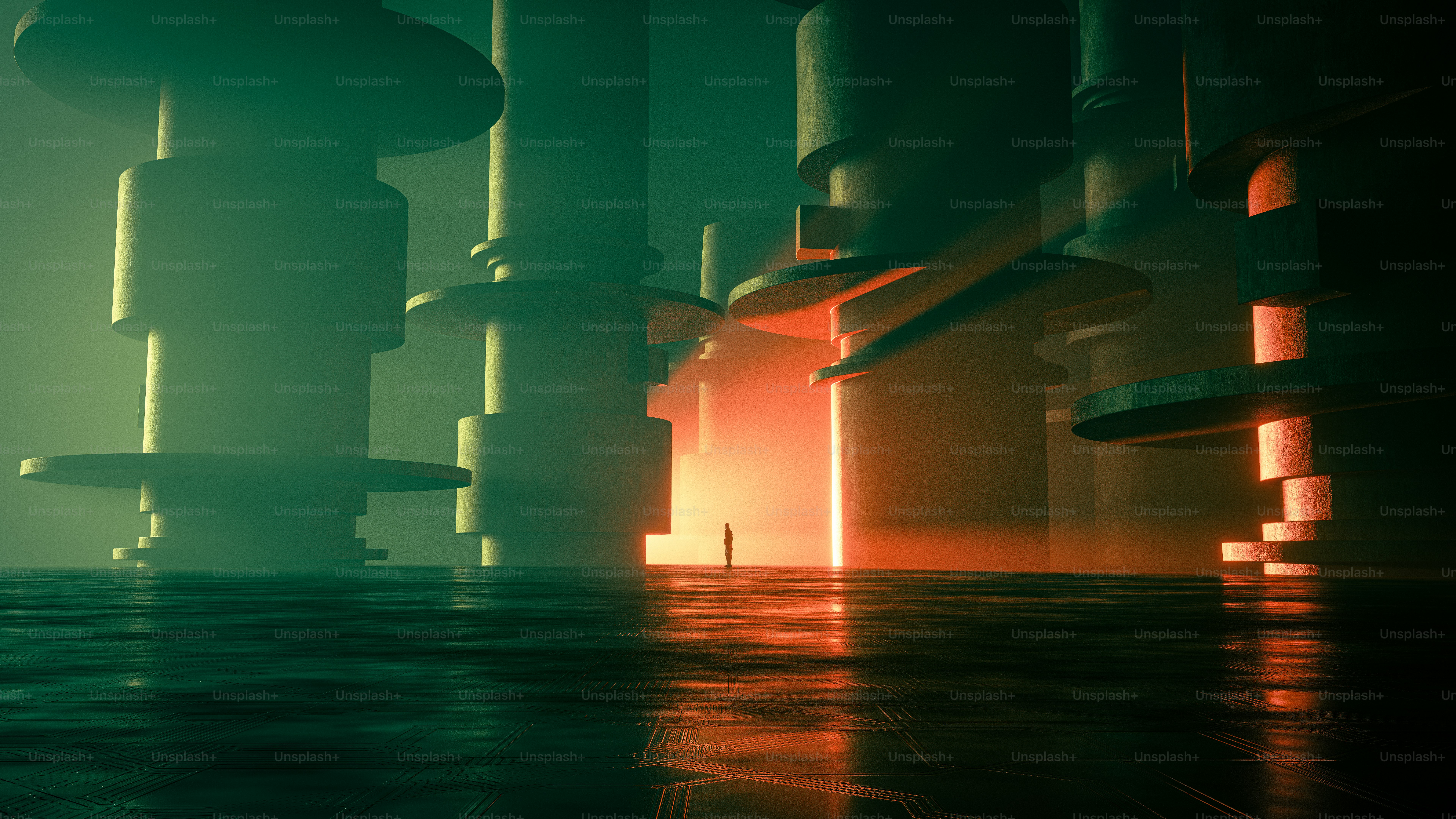 A lone person in a vast industrial space with glowing orange light and pillars