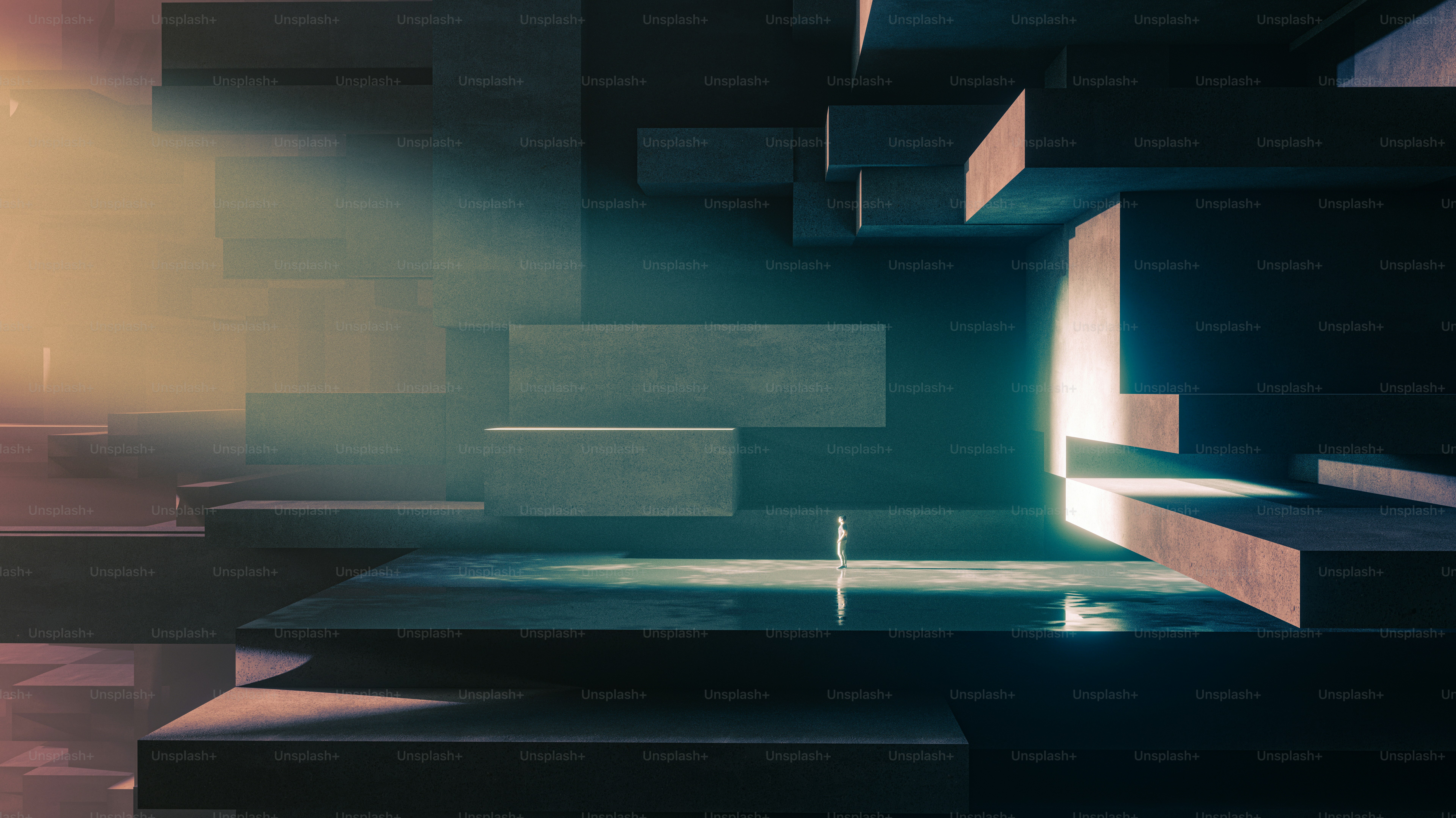 A tiny person standing on a dark platform among large geometric concrete structures