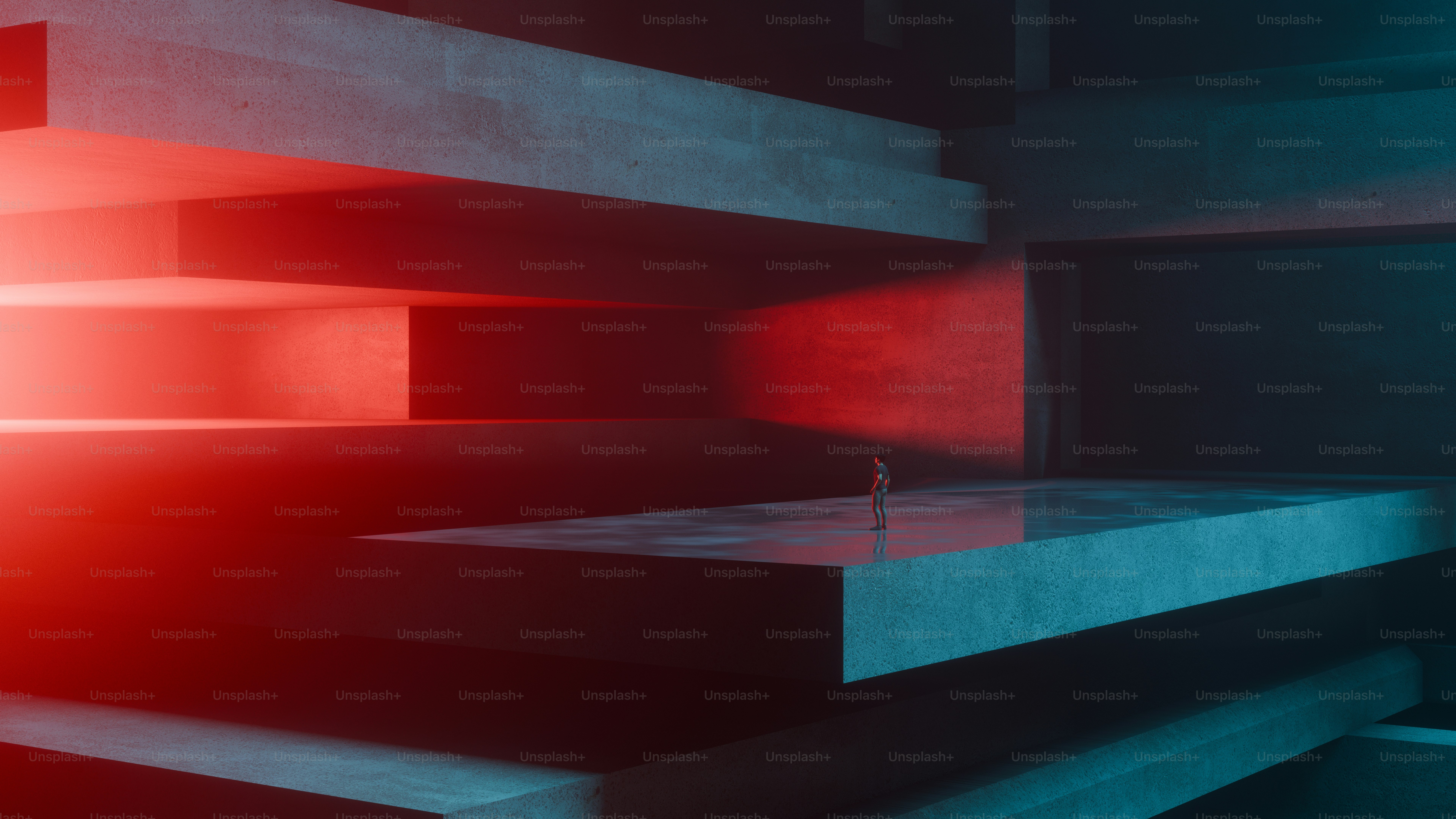 A person on a concrete platform in a space with red and blue light