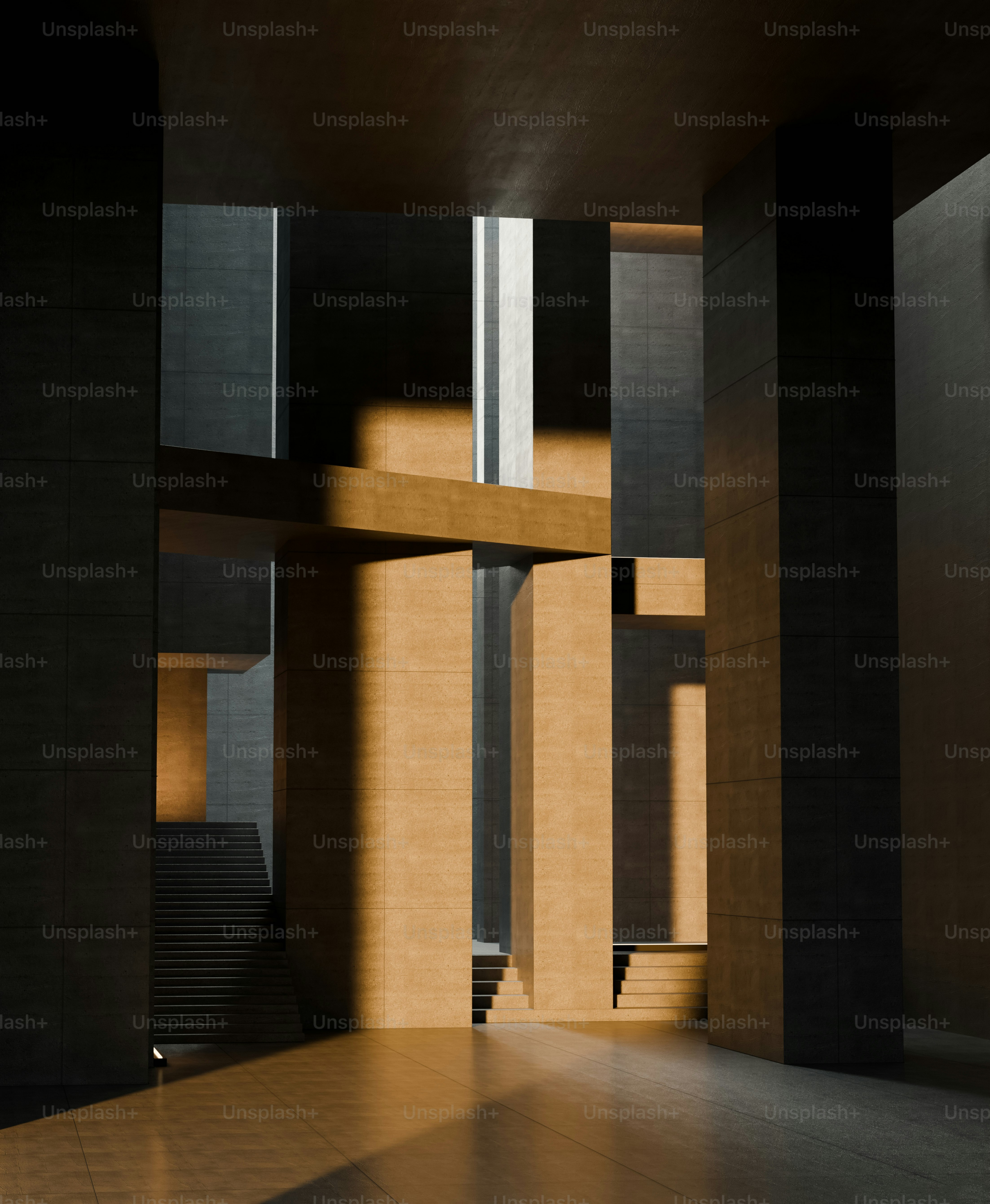 Large concrete pillars and staircases in a minimalist interior with warm golden light