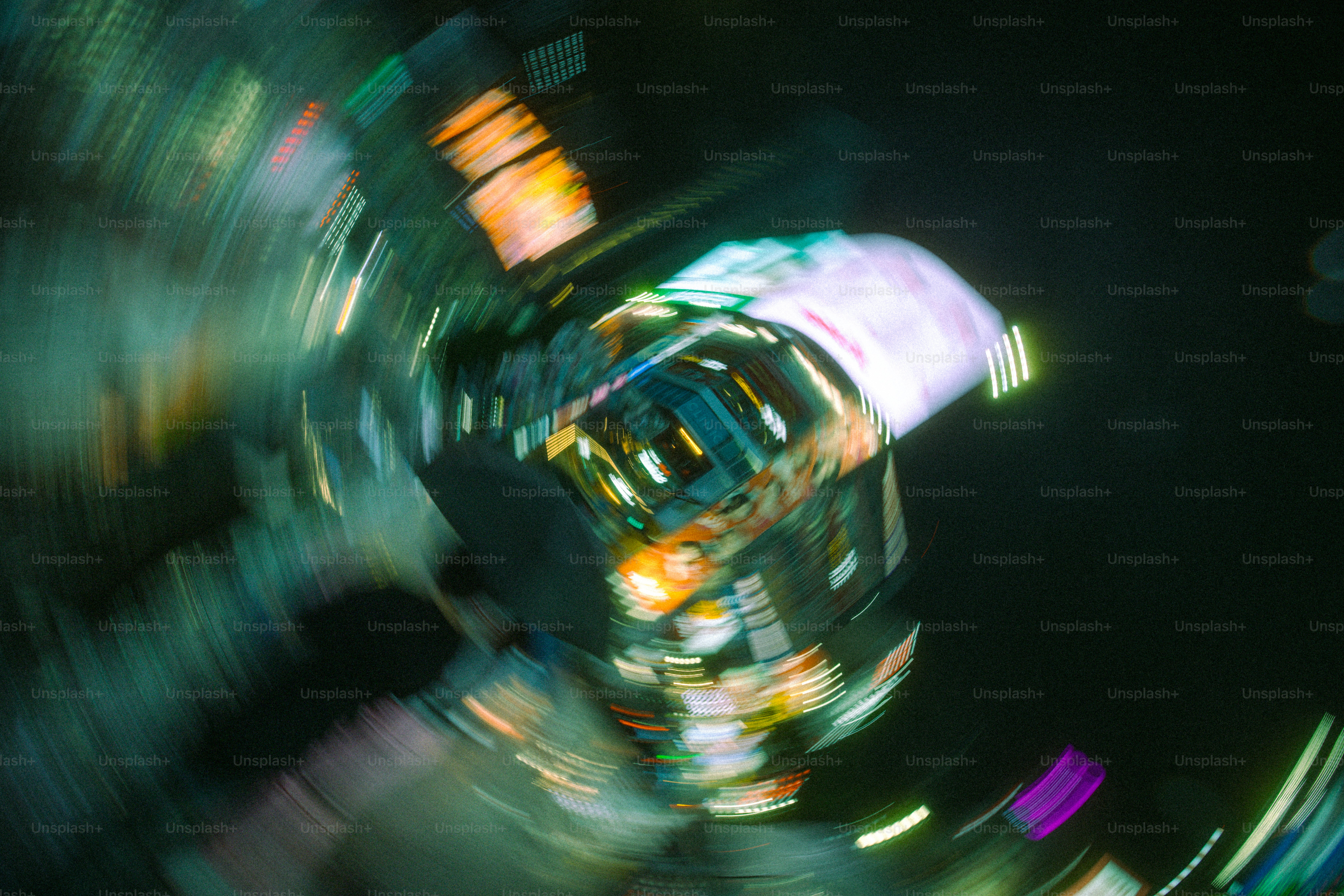 A long exposure of blurred neon city lights swirling in Shibuya, Japan