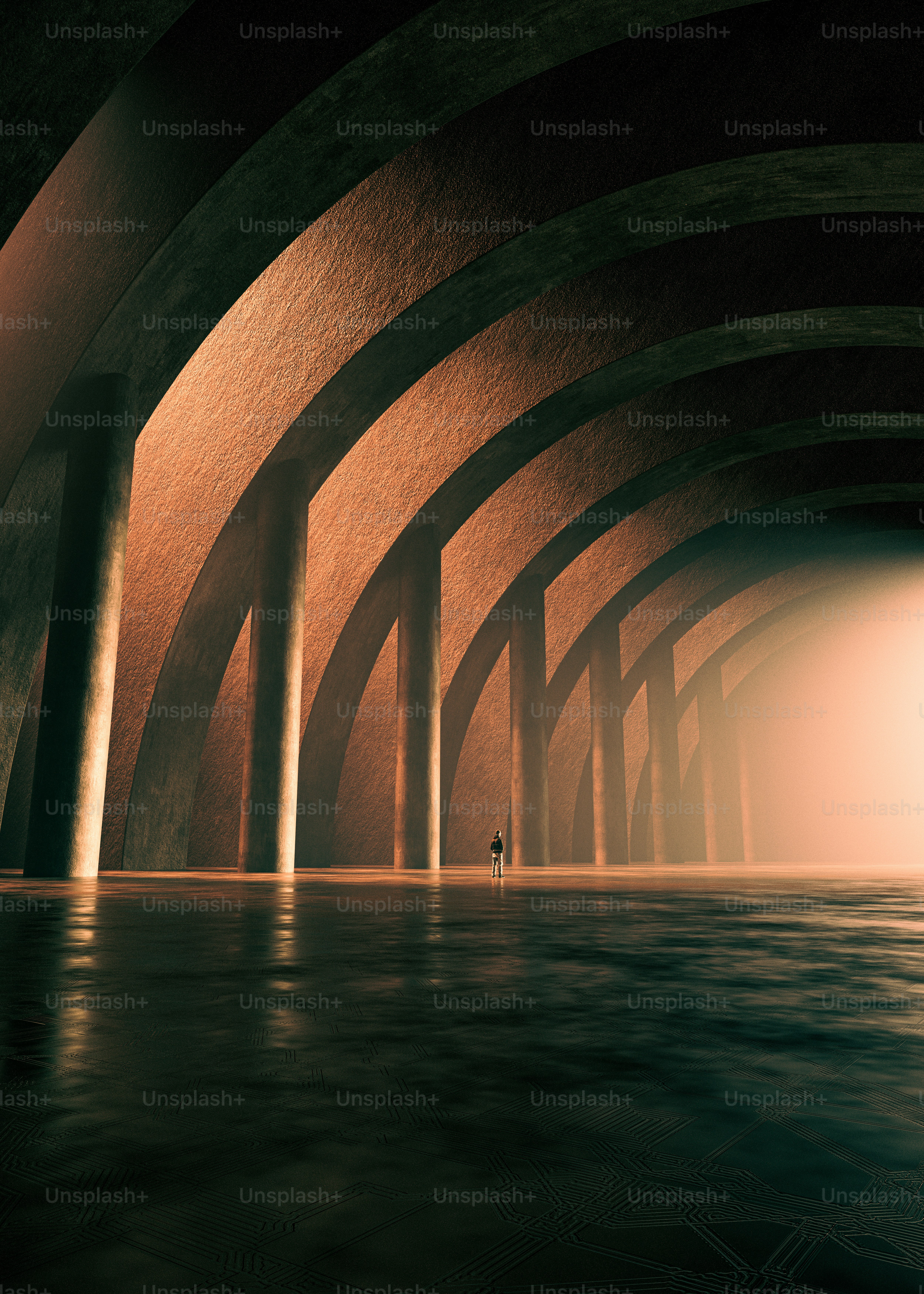 A person in a vast hall with arched columns and a reflective floor
