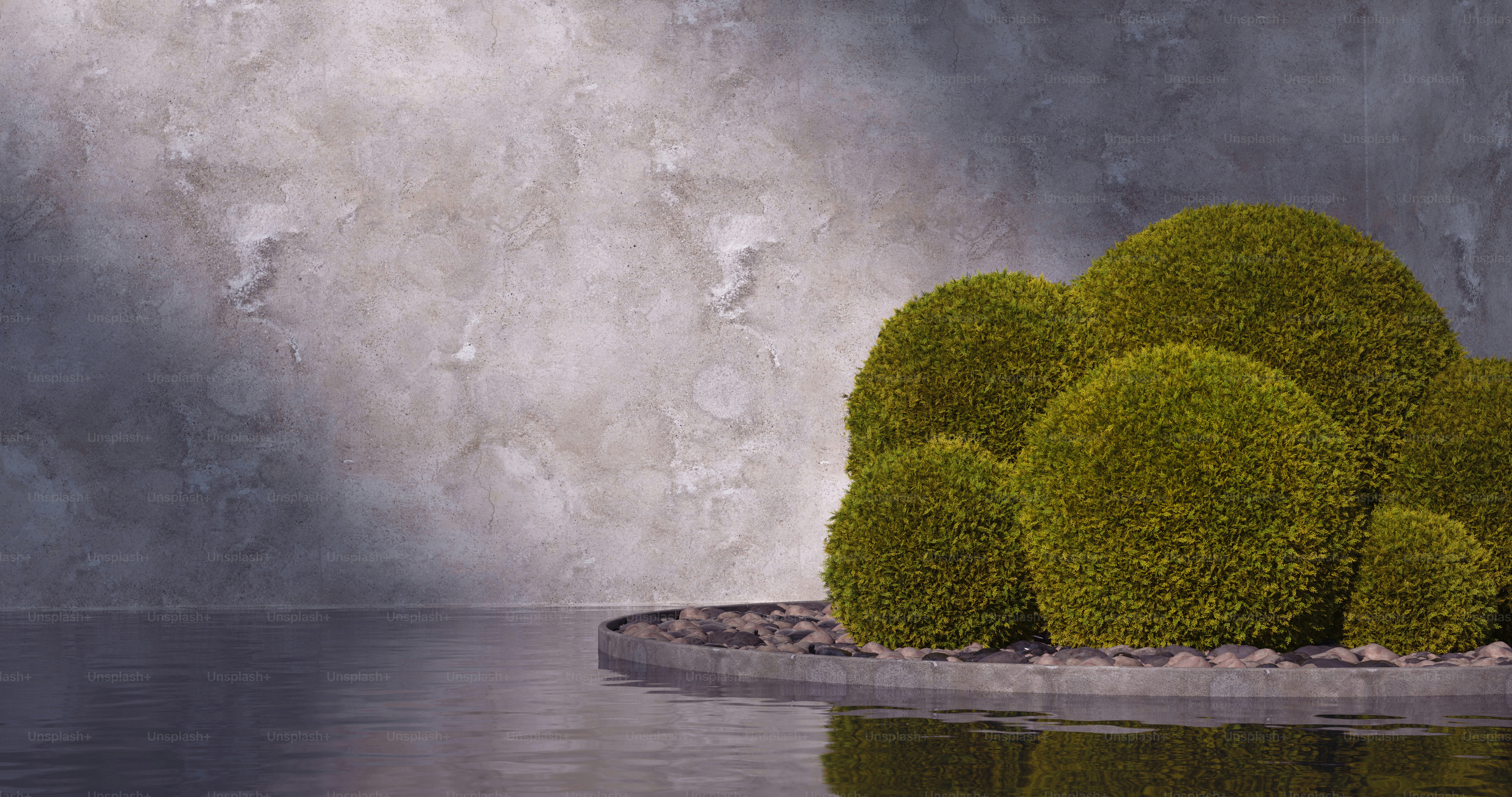 A 3D render of spherical boxwood shrubs on a stone bed beside a calm water surface