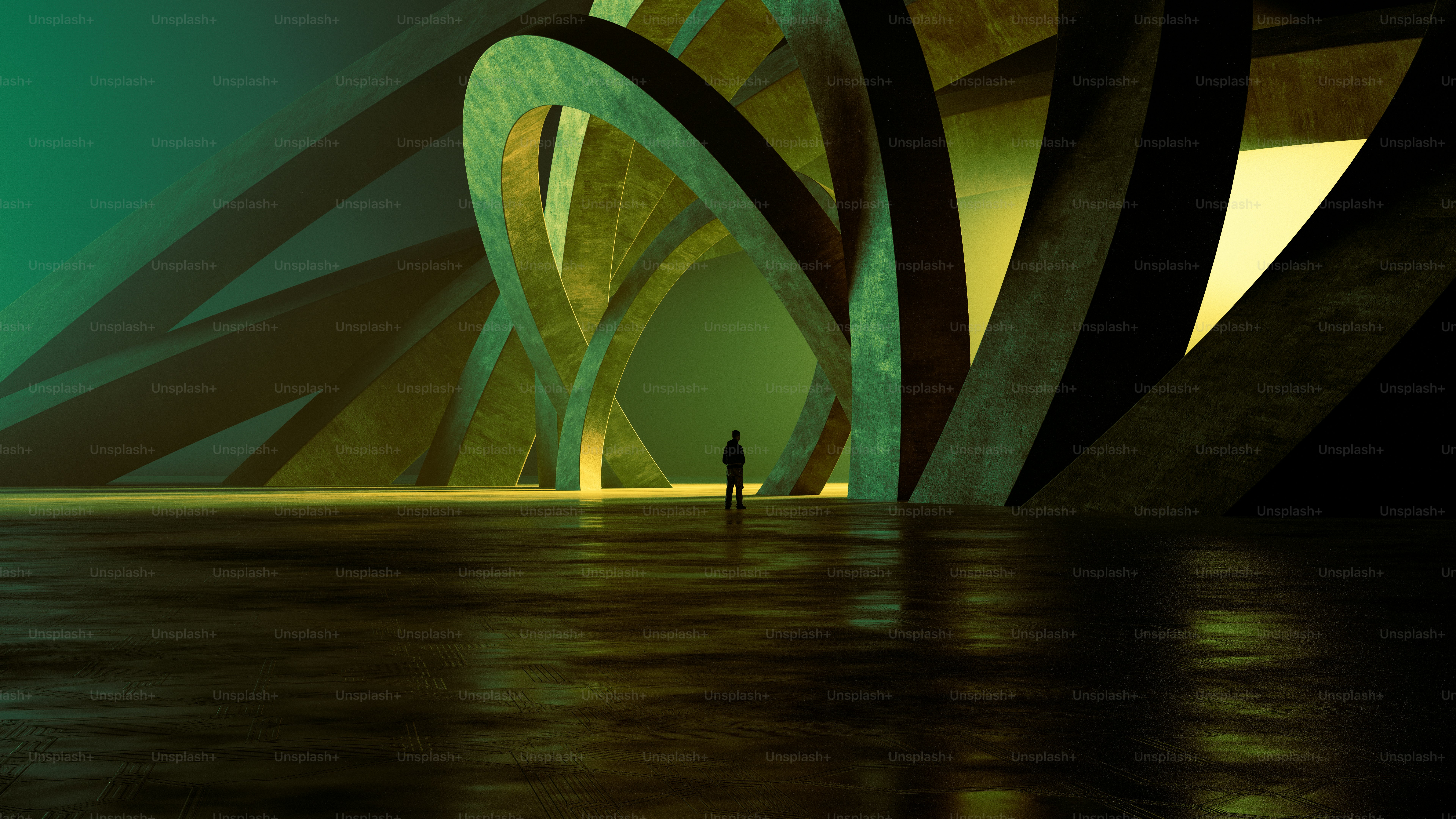 A person in silhouette against large curved concrete arches in green light