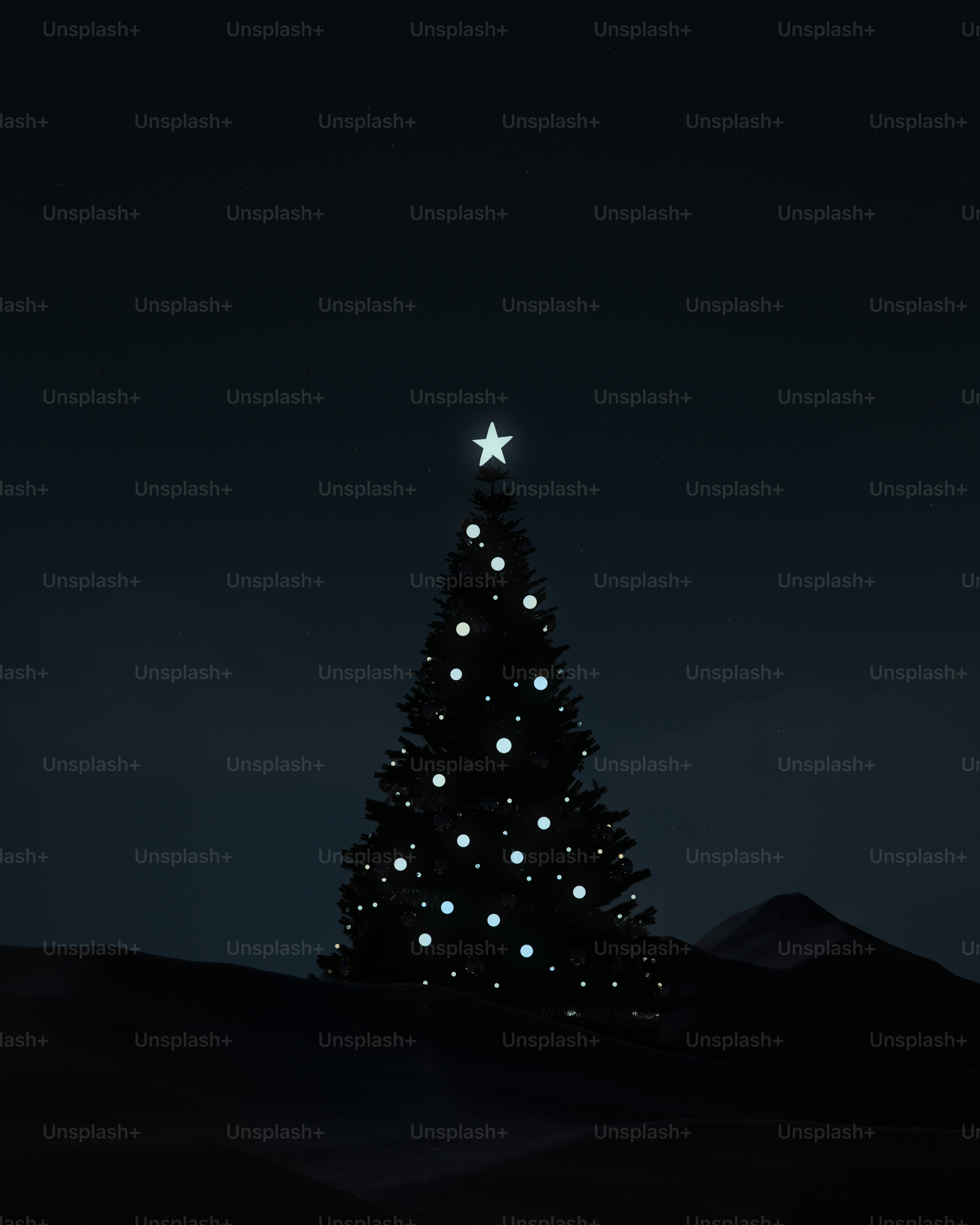 A glowing Christmas tree with a star topper in a dark night landscape