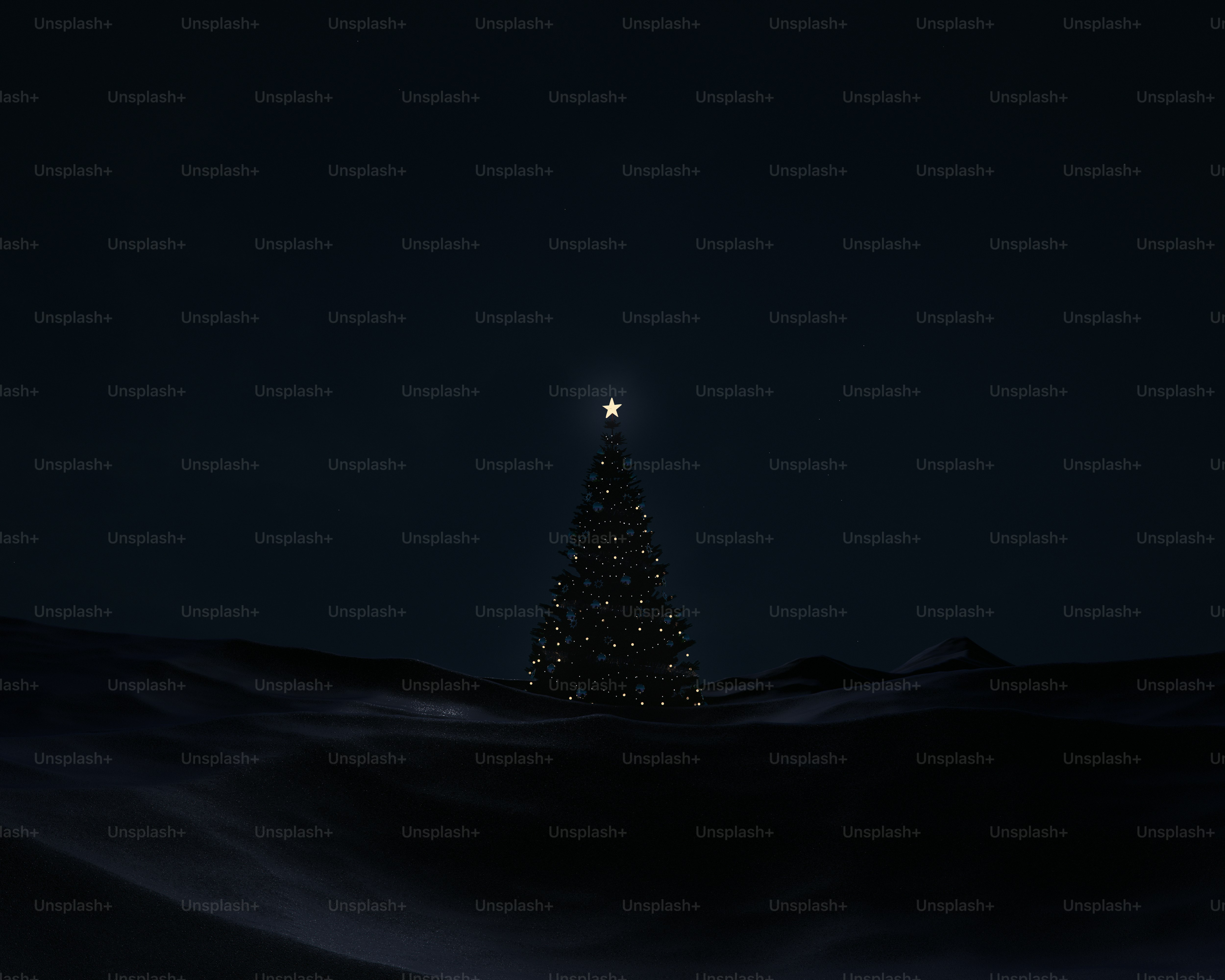 A lit Christmas tree with a star topper in a dark snowy landscape