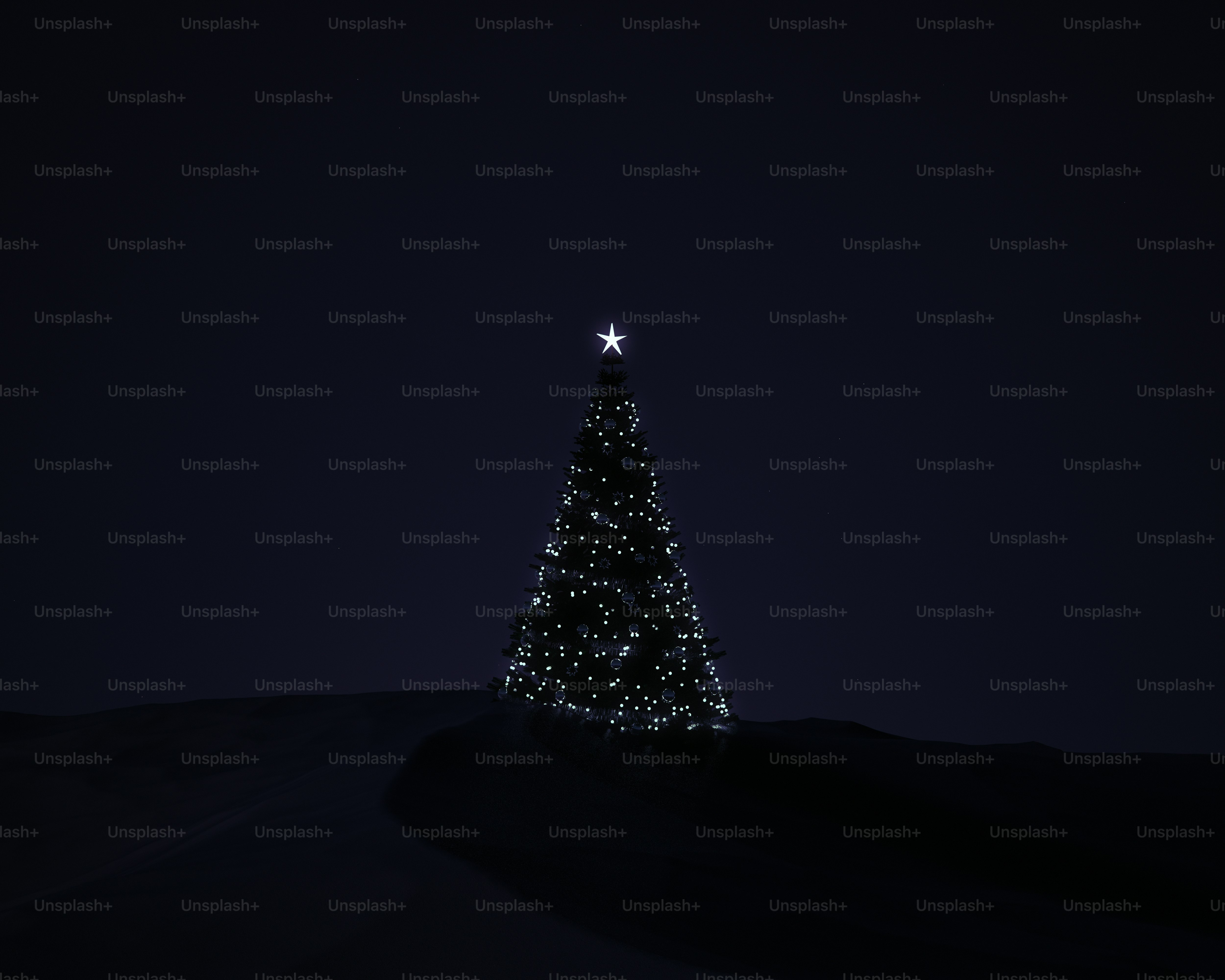 A lit Christmas tree with a glowing star topper against a dark night sky