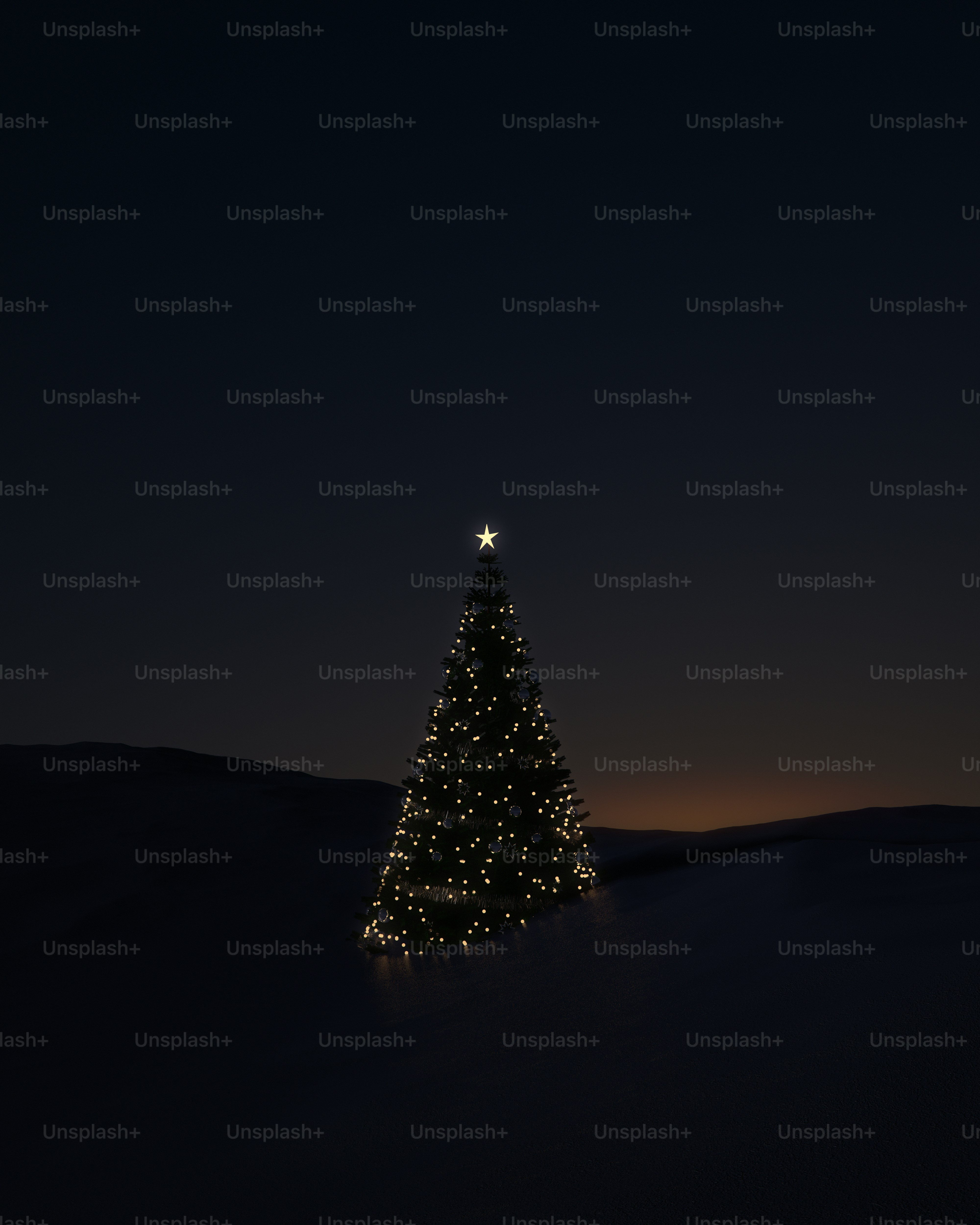 A lit Christmas tree with a star topper in a dark landscape
