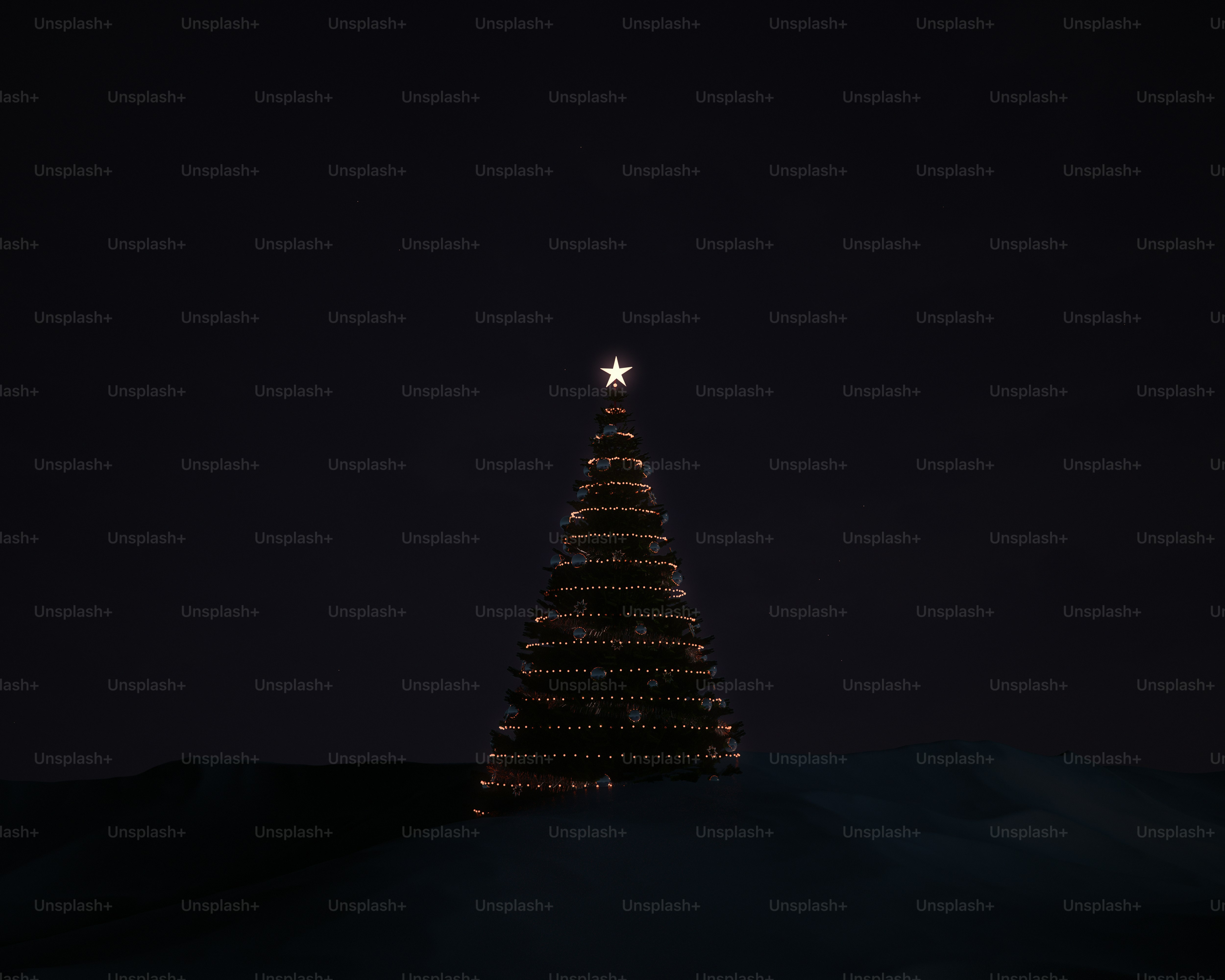 A decorated Christmas tree with a glowing star topper in a dark landscape