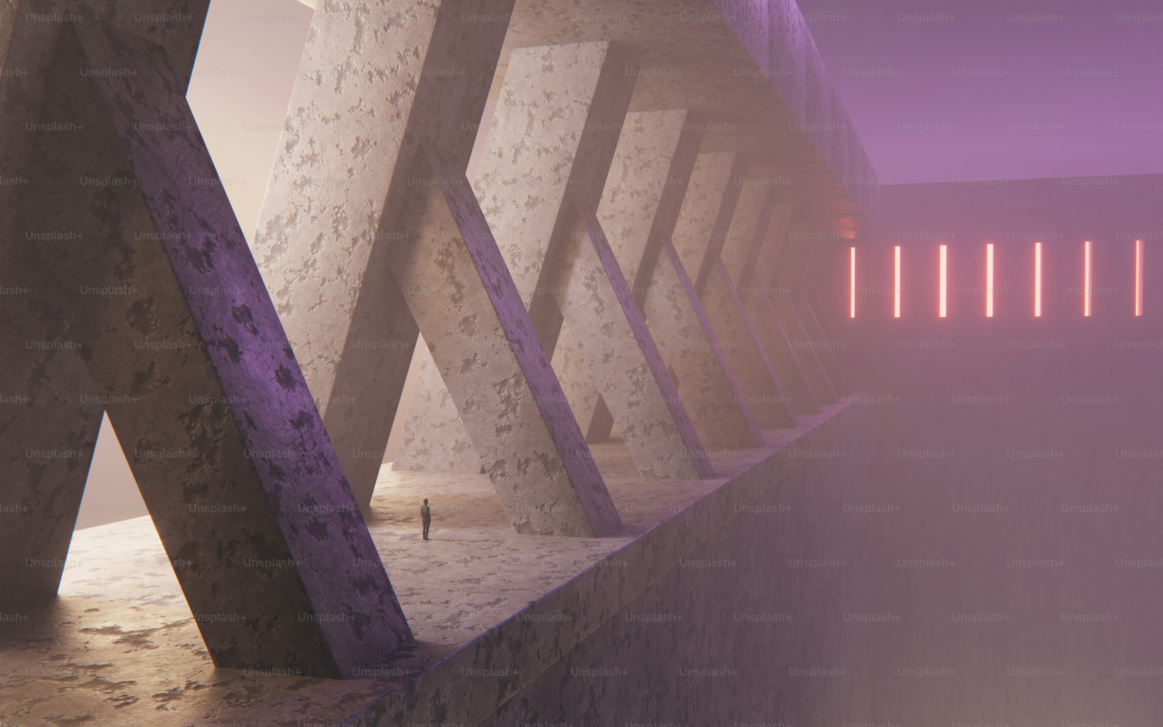 A tiny person standing beneath large concrete pillars in a misty purple space