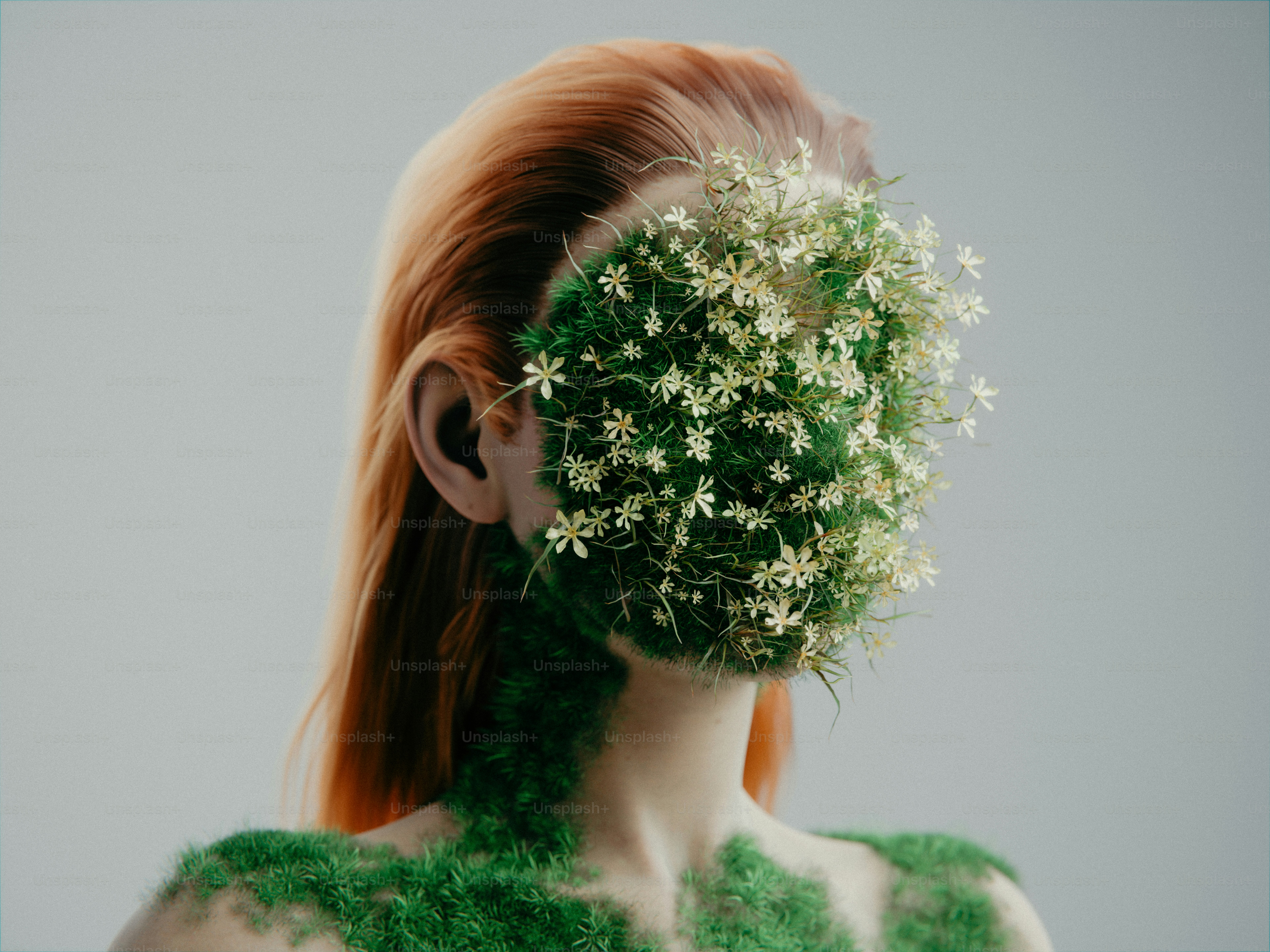 A person with red hair and a face covered in green moss and flowers