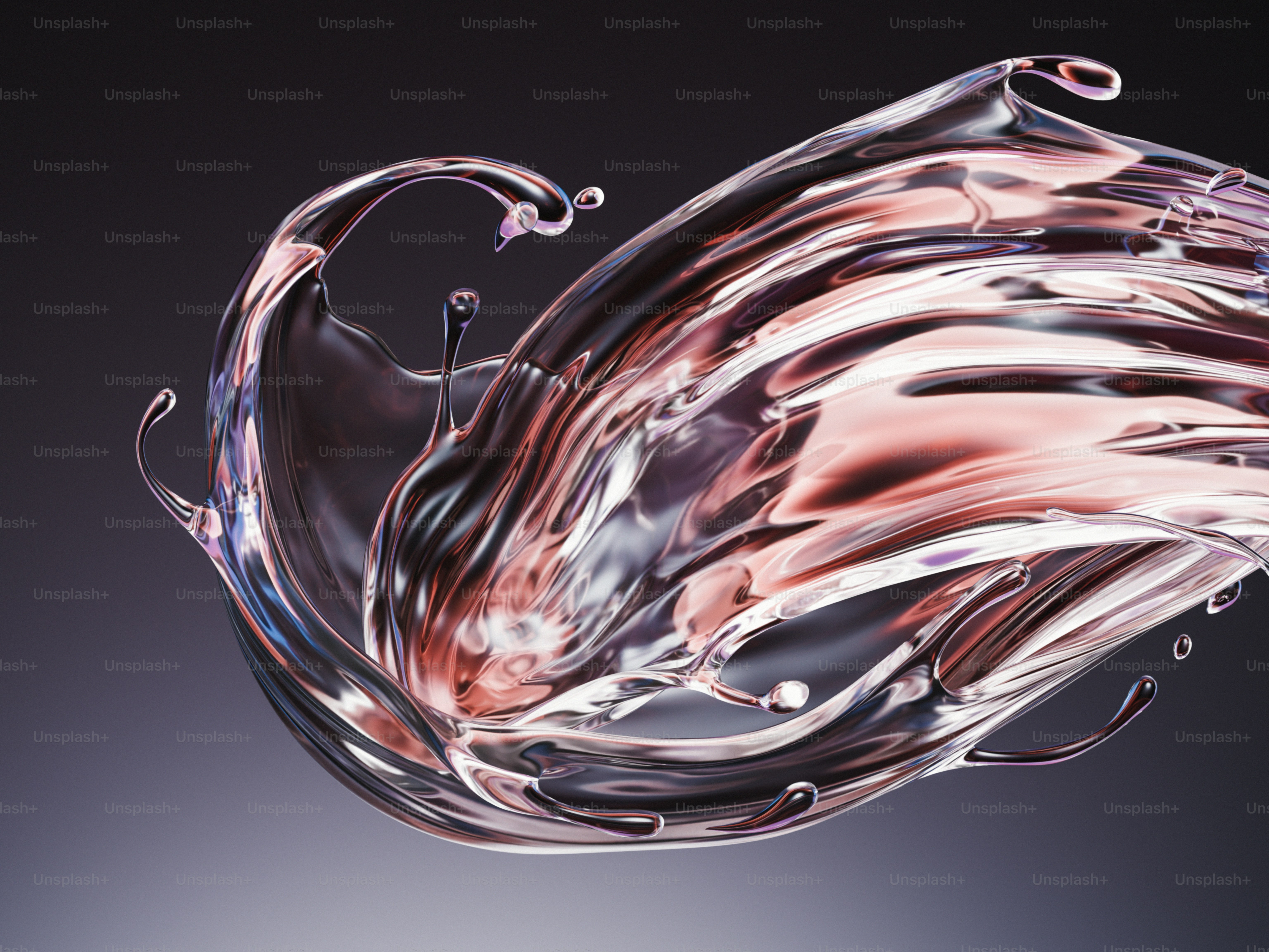 Un salpicado arremolinado de líquido transparente con reflejos de luz rosas y moradas