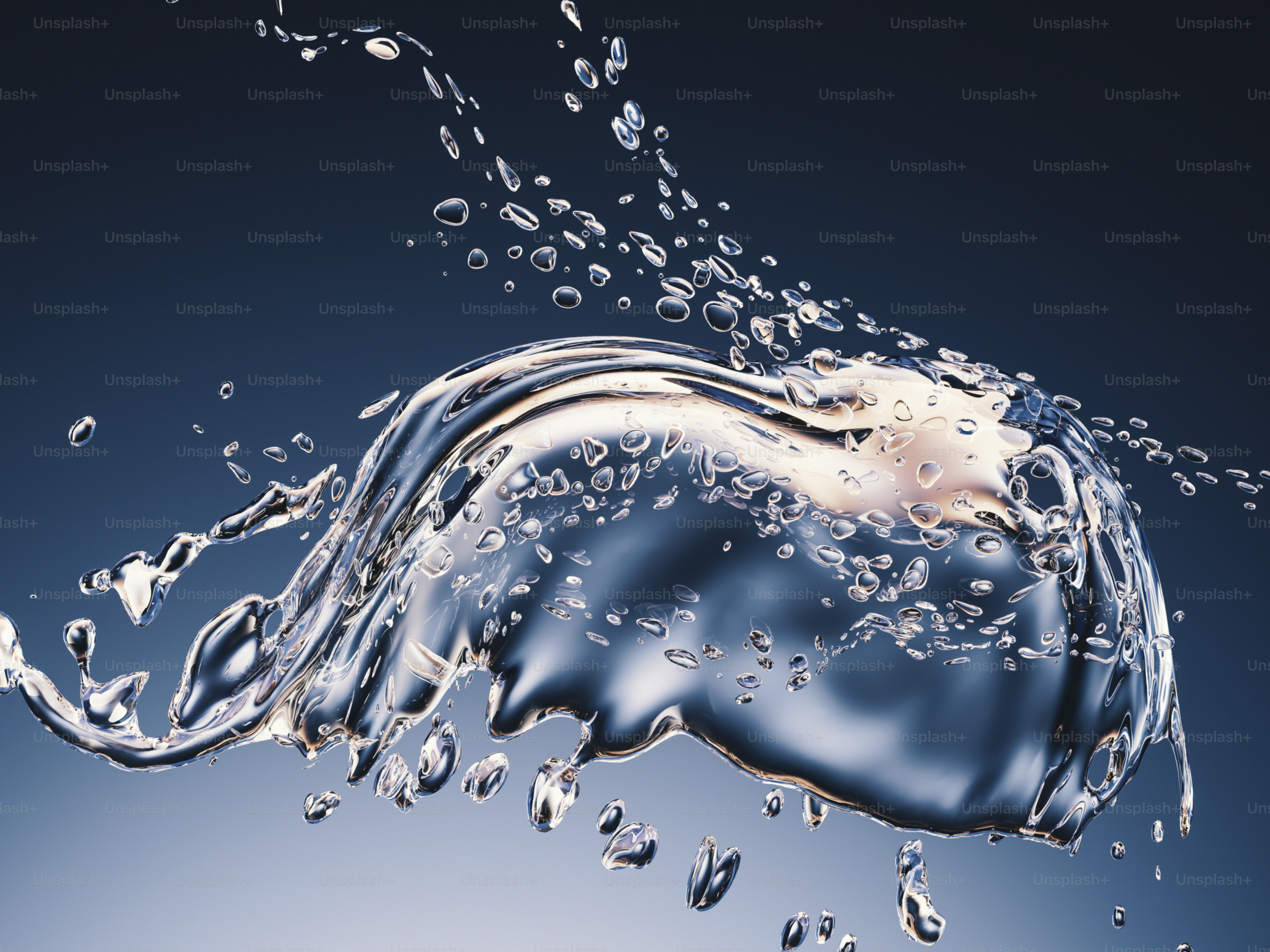 Un salpico de agua clara con muchas gotas flotantes sobre un fondo azul oscuro