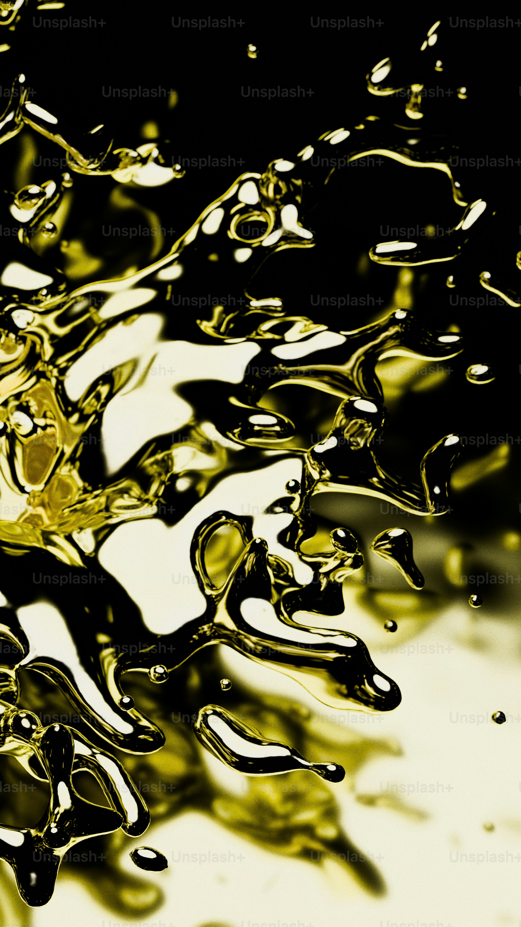 A 3D render of golden liquid splashing against a dark background