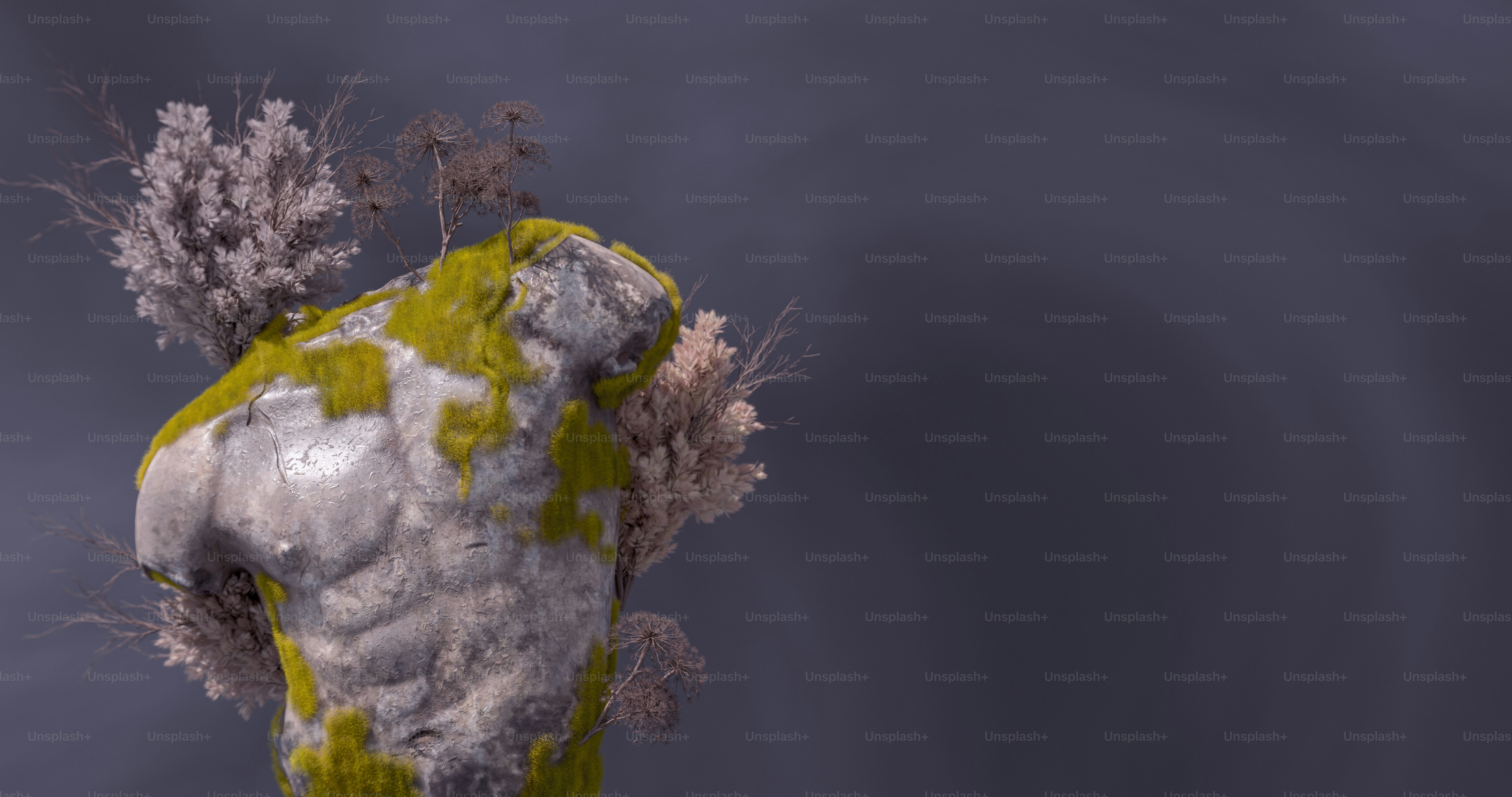 A 3D render of a stone male torso covered in green moss and dried wildflowers