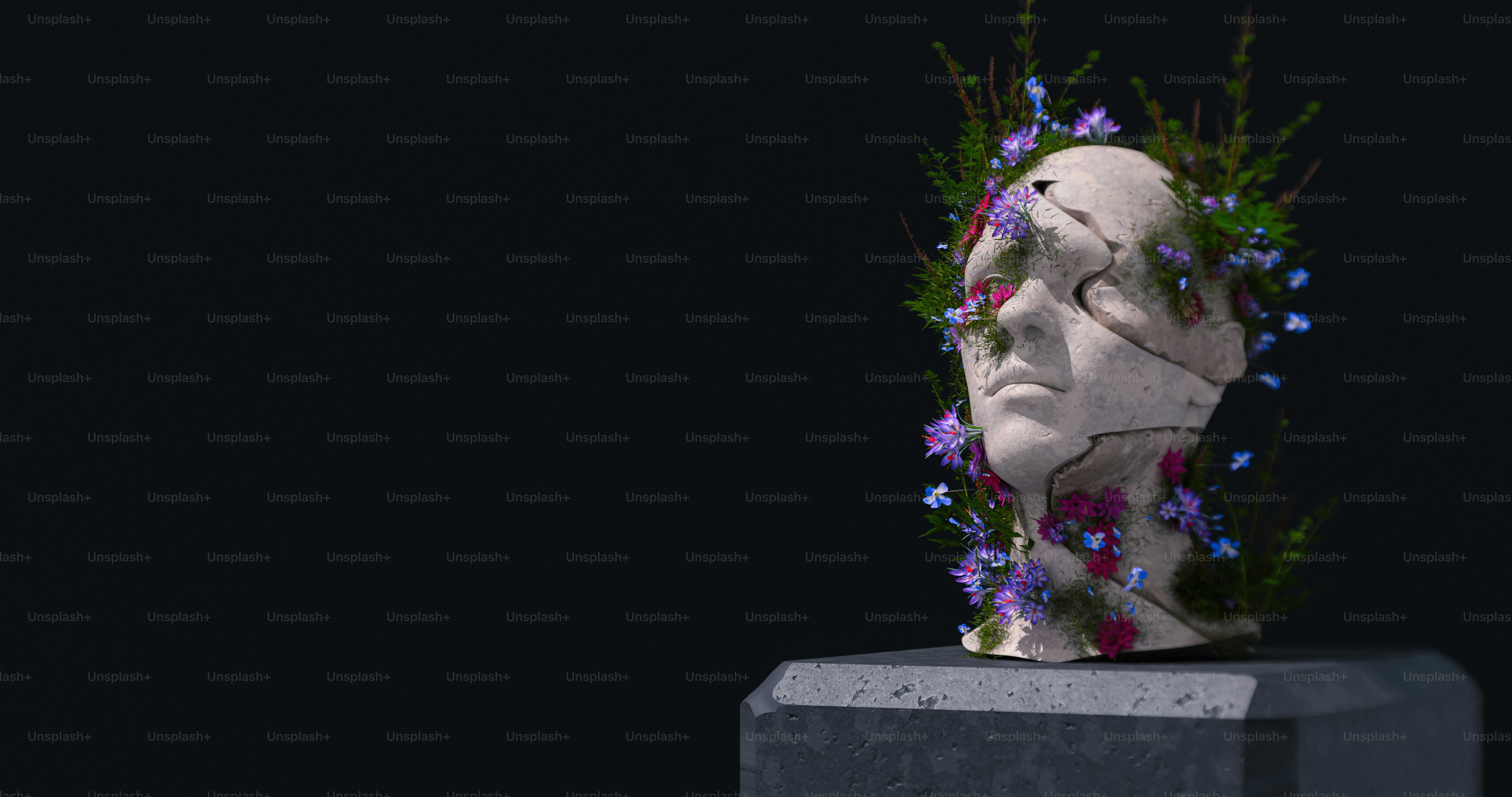 A 3D render of a cracked stone head sculpture overgrown with colorful wildflowers and moss on a pedestal