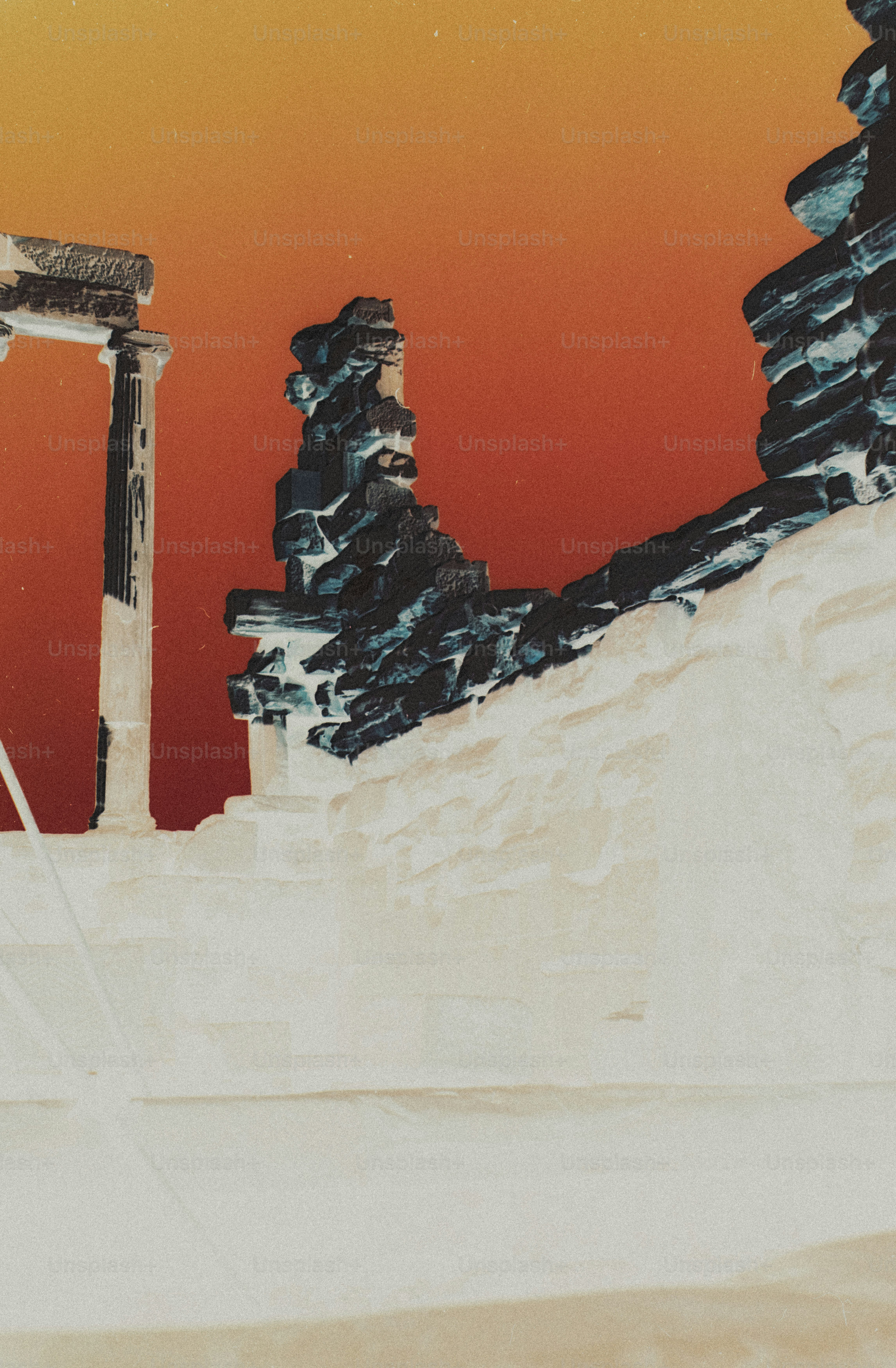 Inverted colors of ancient stone ruins with a single column against a deep orange sky