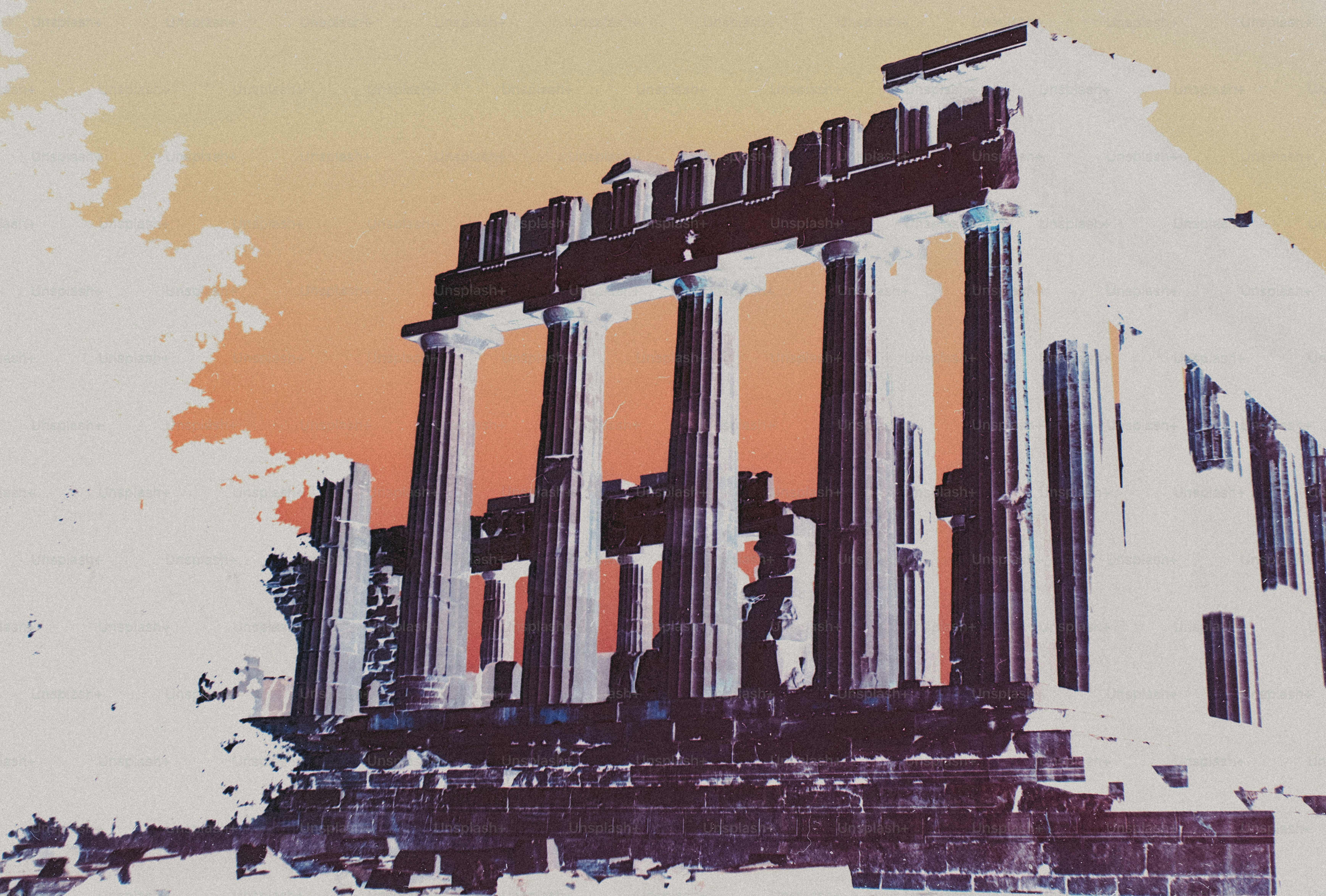 An inverted color photograph of the Parthenon temple with tall stone columns against a warm sky