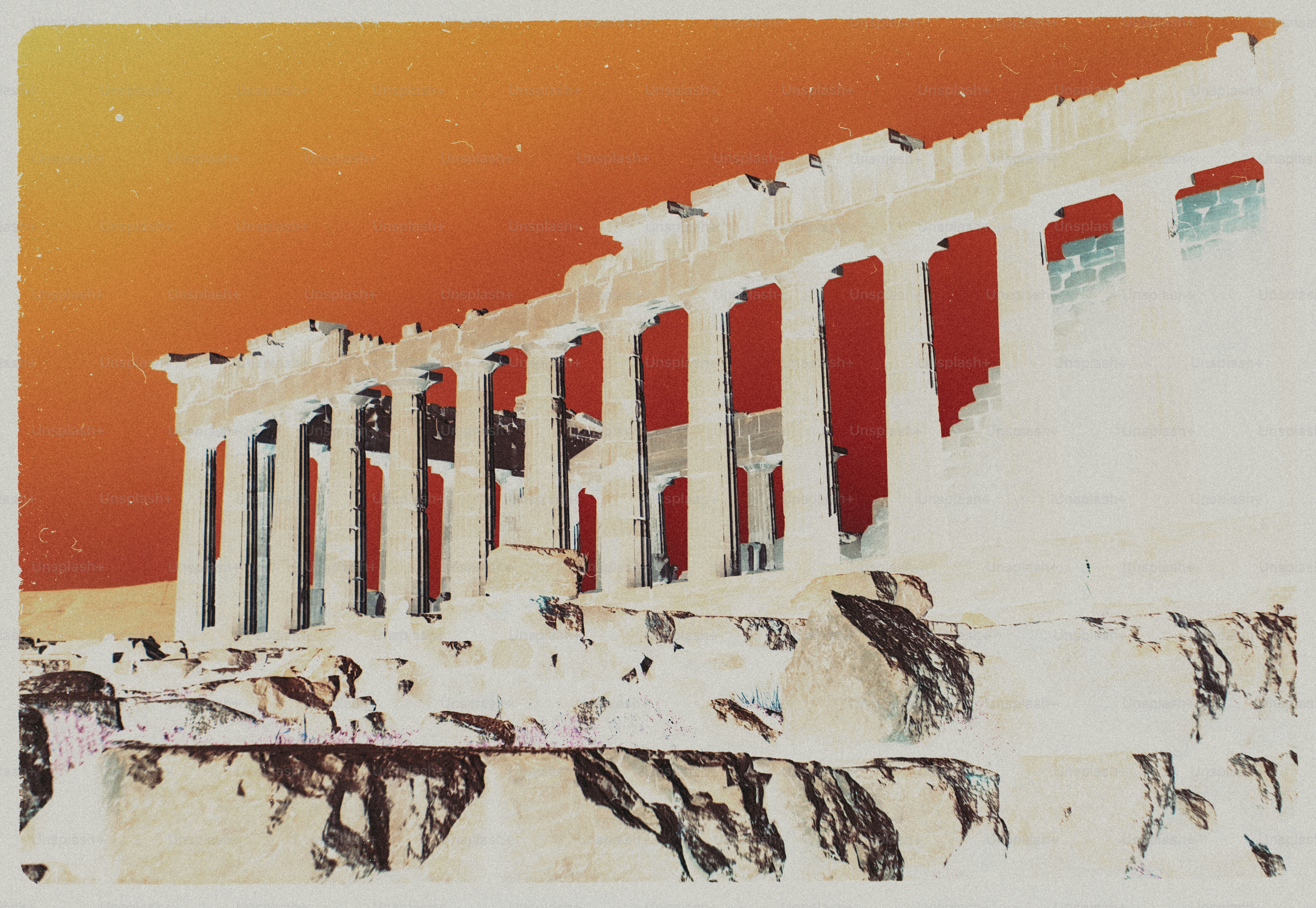The Parthenon in Athens with inverted colors against a vibrant orange sky