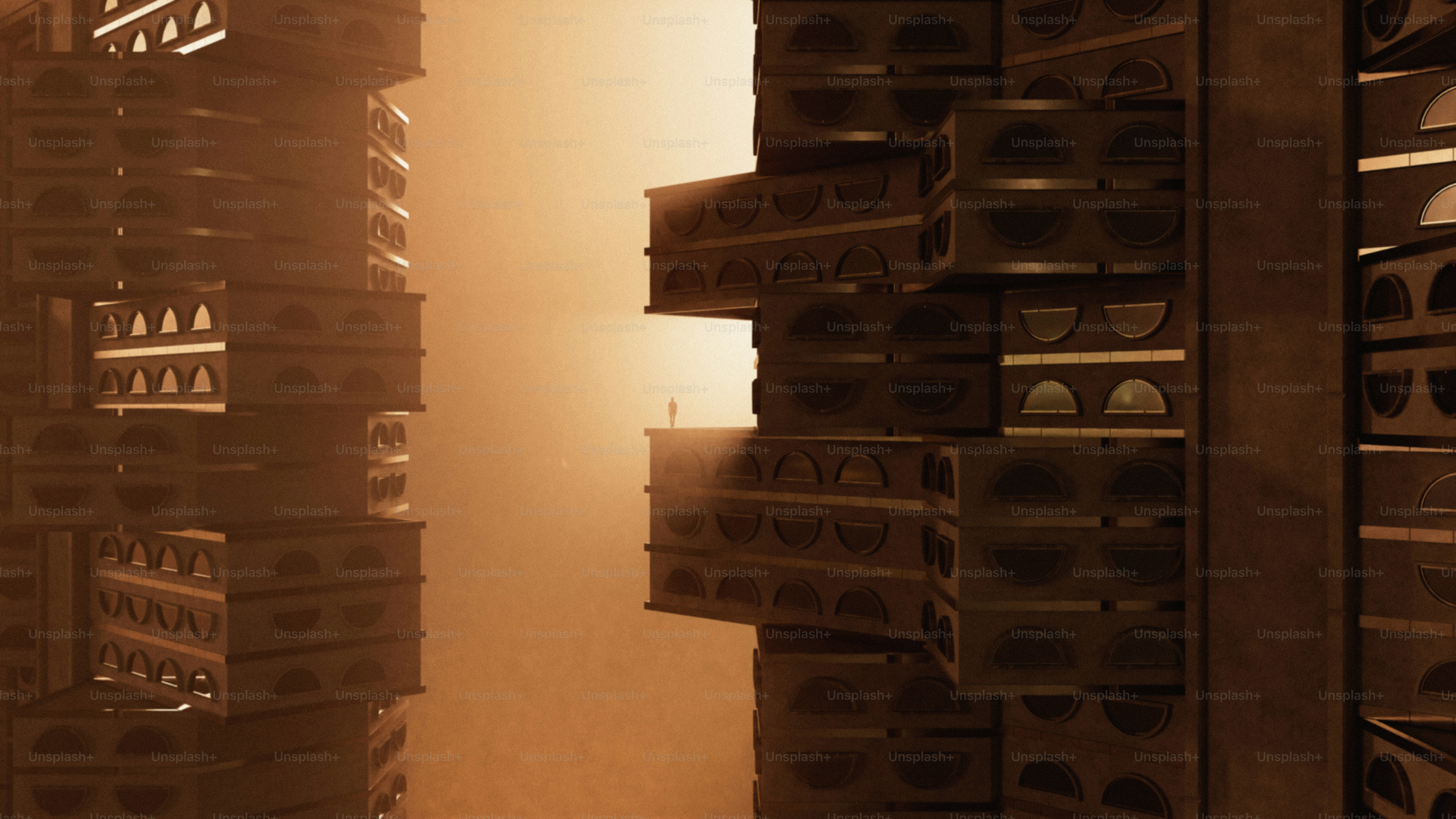 A person on a balcony of a geometric tower in warm golden light
