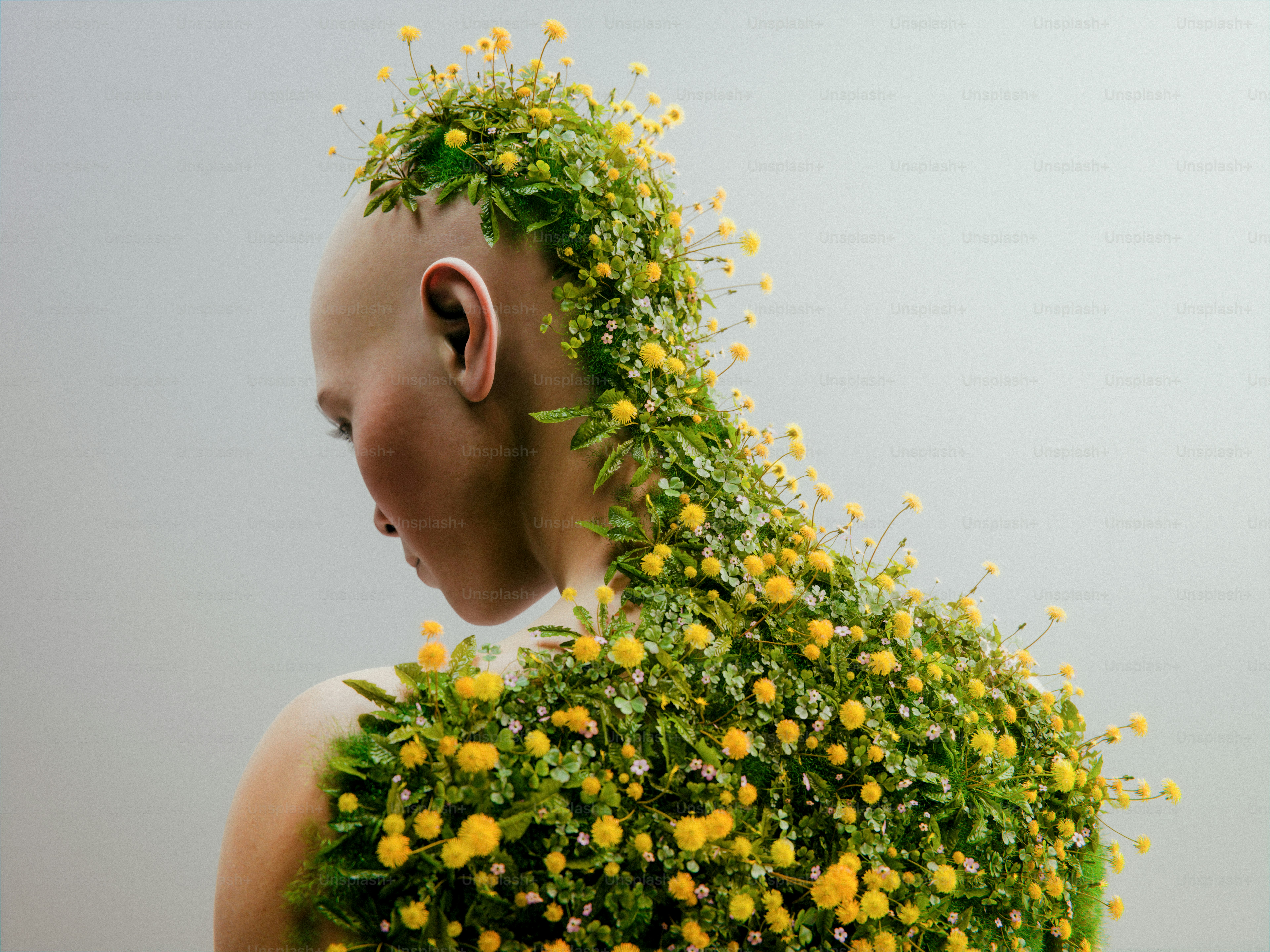 A person with a bald head covered in lush green foliage and small yellow flowers