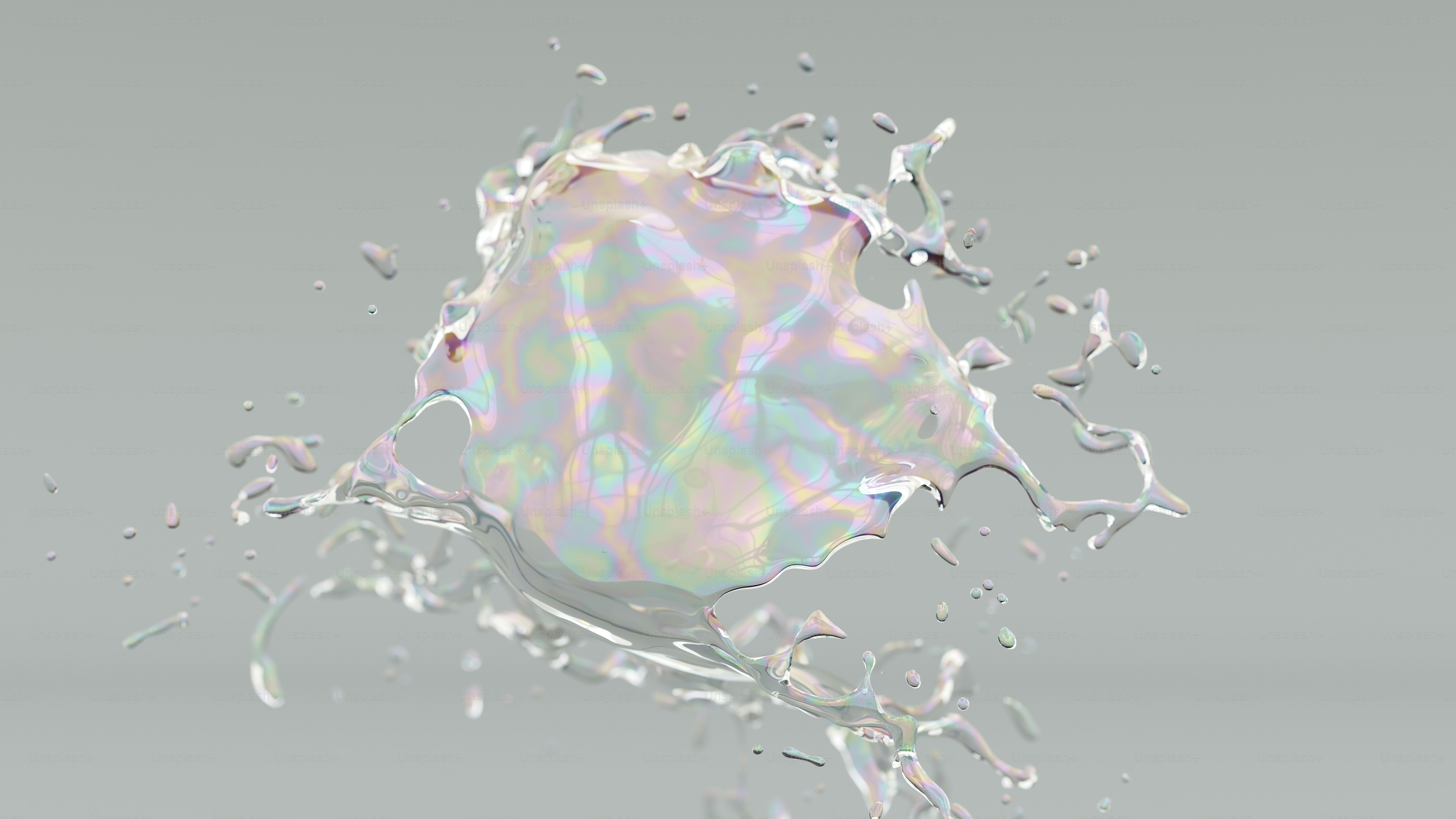 A 3D render of an iridescent liquid splash with pearlescent colors against a grey background