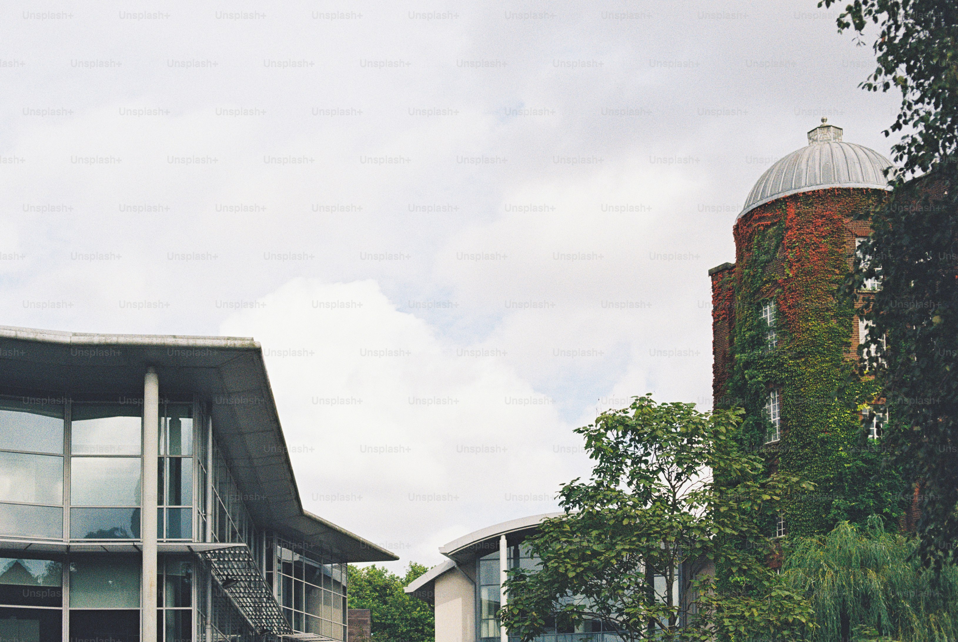 A modern glass building beside a tall brick tower covered in green and red ivy
